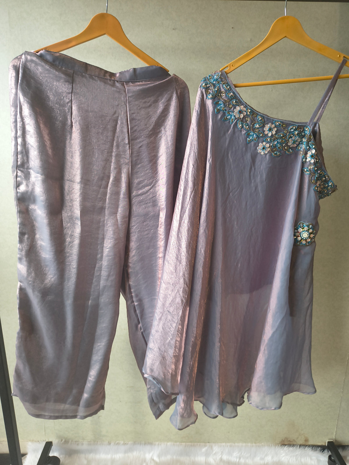 Designer Lilac One-Shoulder Cape Top with Draped Tulip Pants – Luxury Indo-Western Co-Ord Set