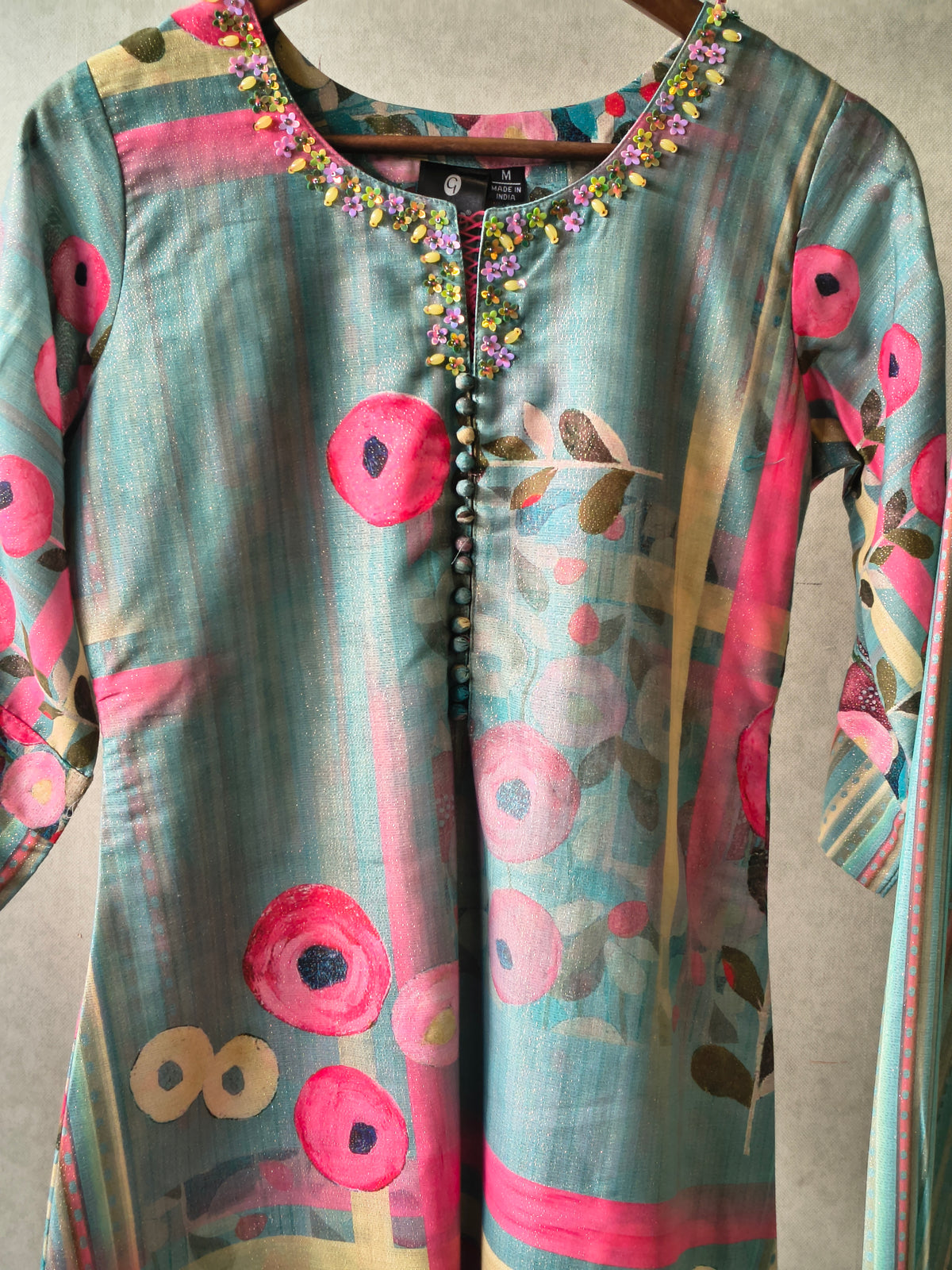 Premium Aqua Blue Artistic Printed Kurta with Striped Pants Co-Ord Set