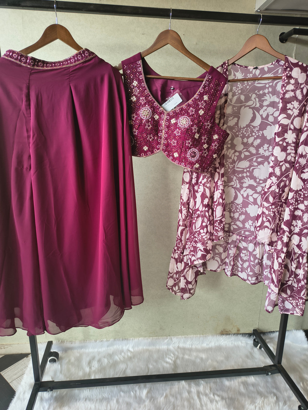 Luxury Wine Embroidered Blouse with Printed Peplum Jacket & Flared Palazzo – 3 Piece Designer Indo-Western Set