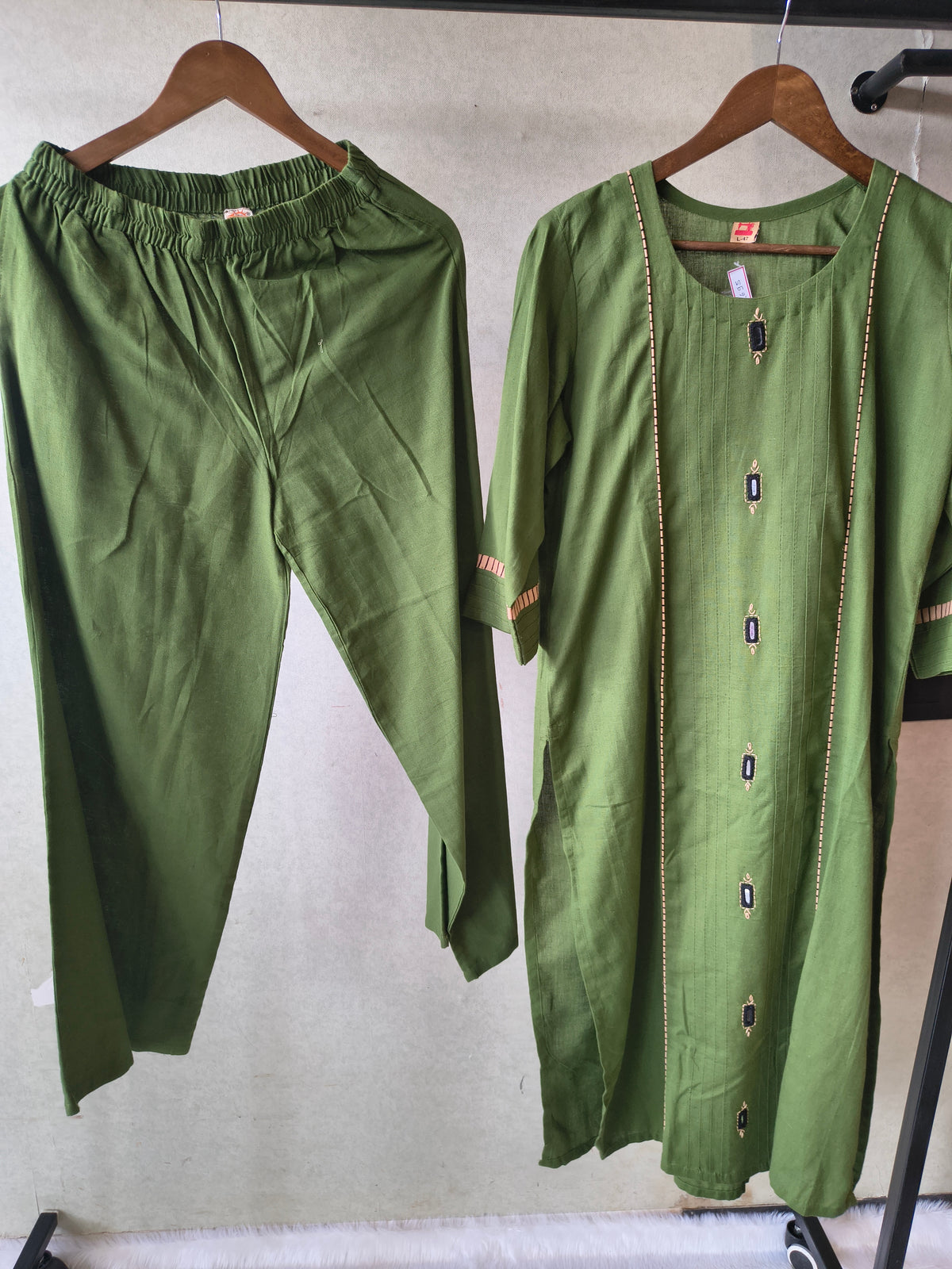 Tadko Premium Olive Green Straight Kurta Co-Ord Set with Embellished Yoke