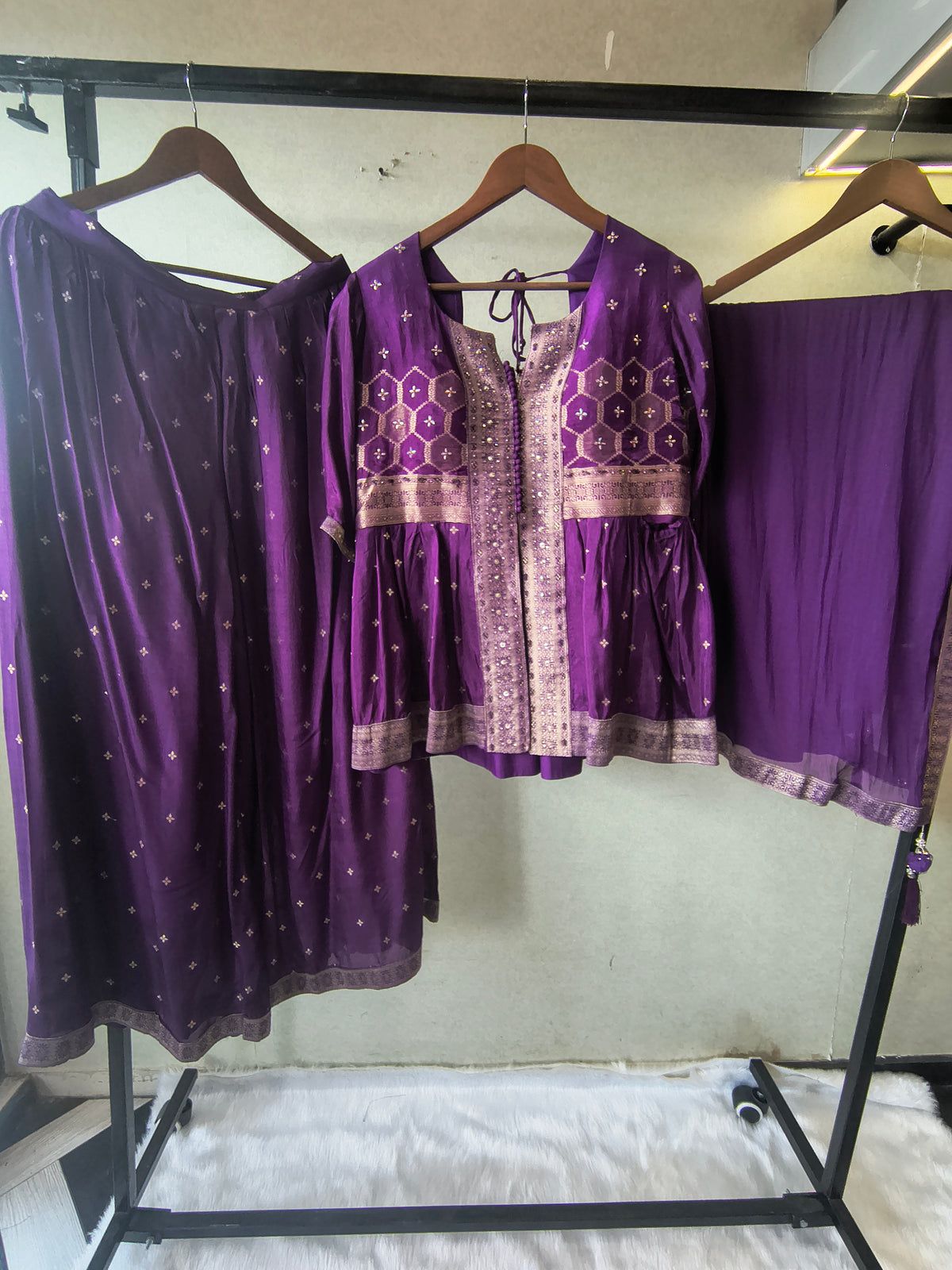 Royal Purple Tissue Silk Embroidered Peplum Jacket with Flared Palazzo & Designer Dupatta – 3 Piece Festive Indo-Western Set