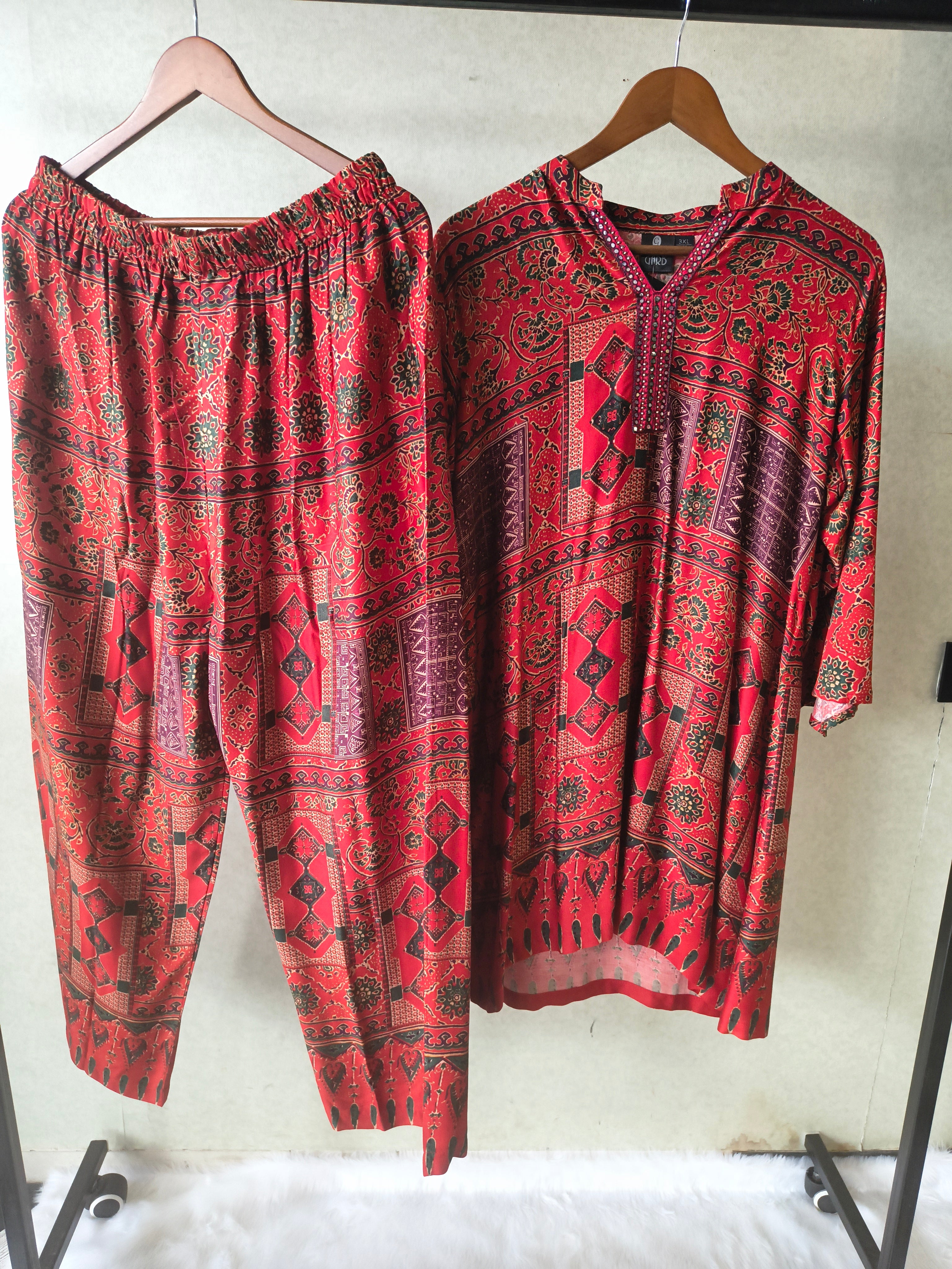 Image of Premium Rust Red Tribal Print Co-Ord Kurta Set with Straight Pants