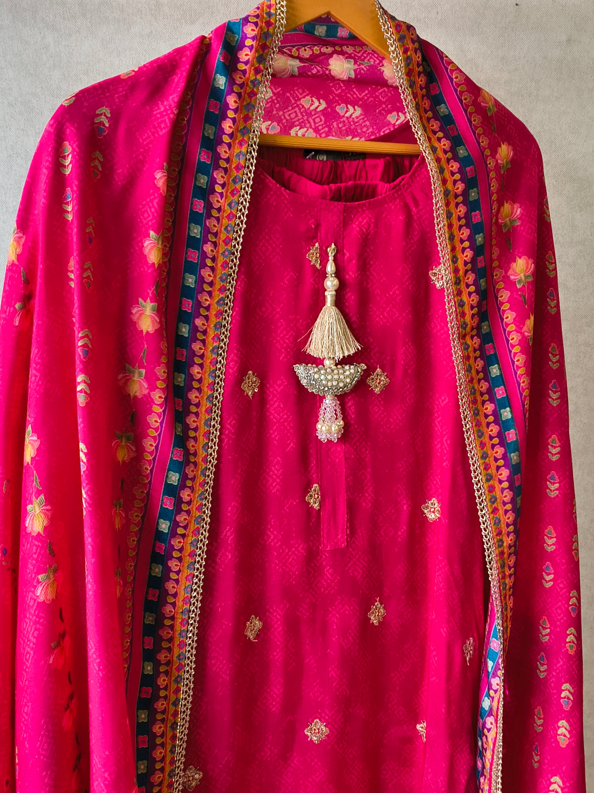 Premium Rani Pink Printed Straight Kurta with Cigarette Pants & Dupatta Set