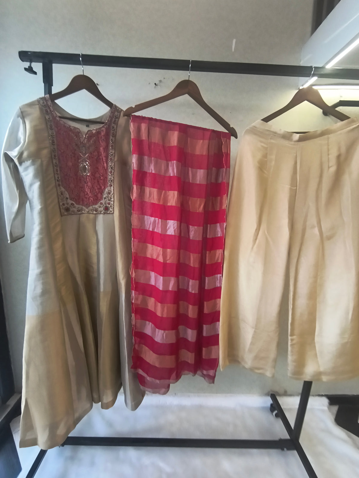 Ivory Embroidered Designer Kurta Set with Pink Striped Organza Dupatta | Premium 3 Piece Ethnic Suit