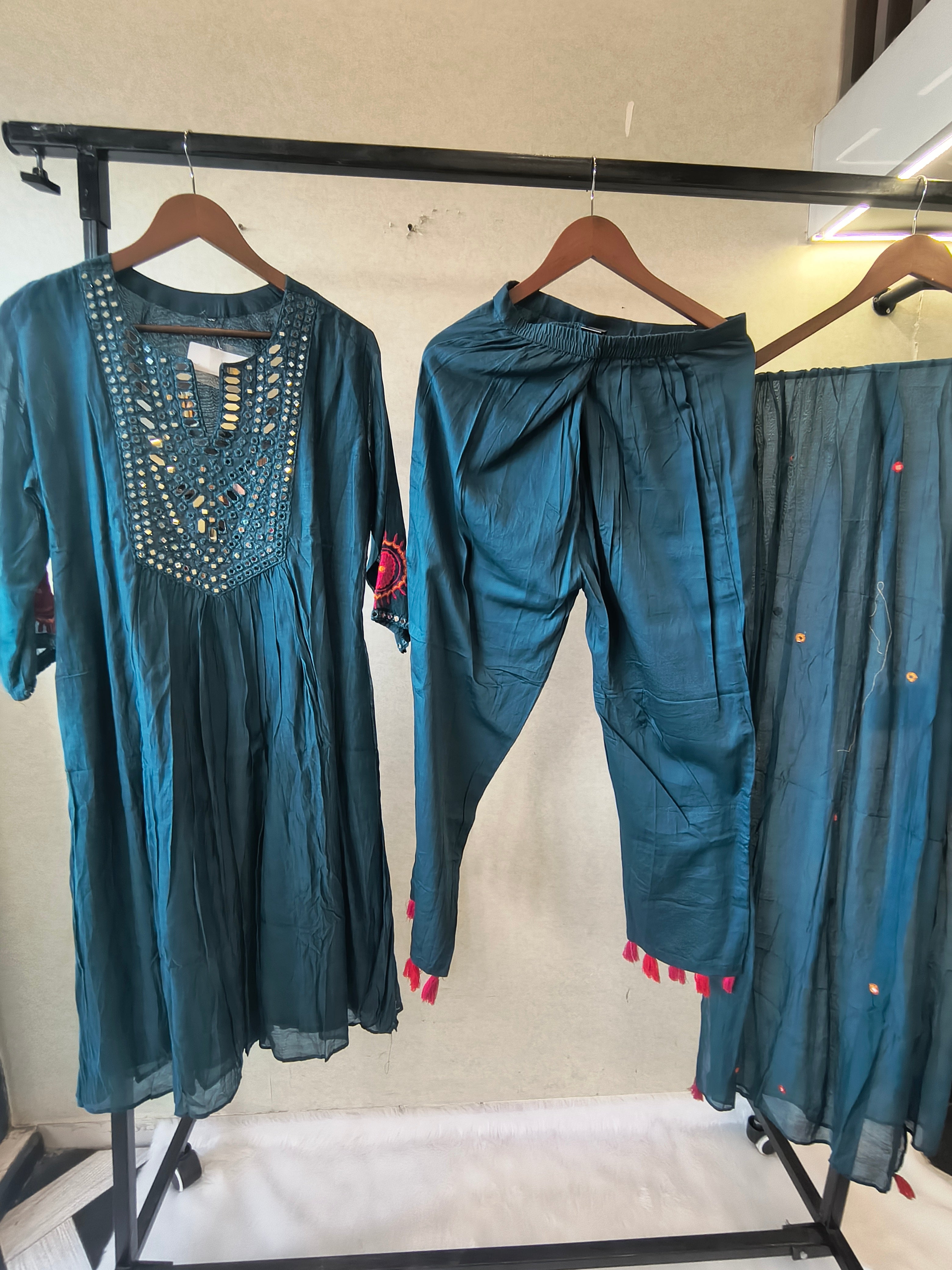 Image of Teal Blue Mirror Work Embroidered Kurta Set with Dupatta | Premium 3 Piece Ethnic Suit