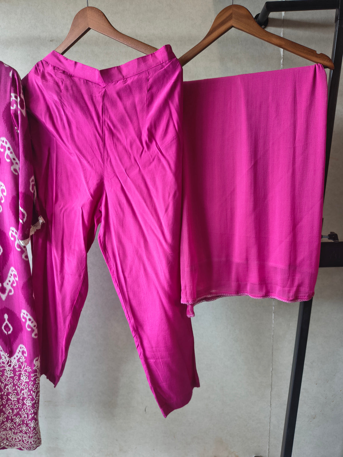 Premium Magenta Ikat Printed Cotton Kurta Set with Solid Pants & Dupatta