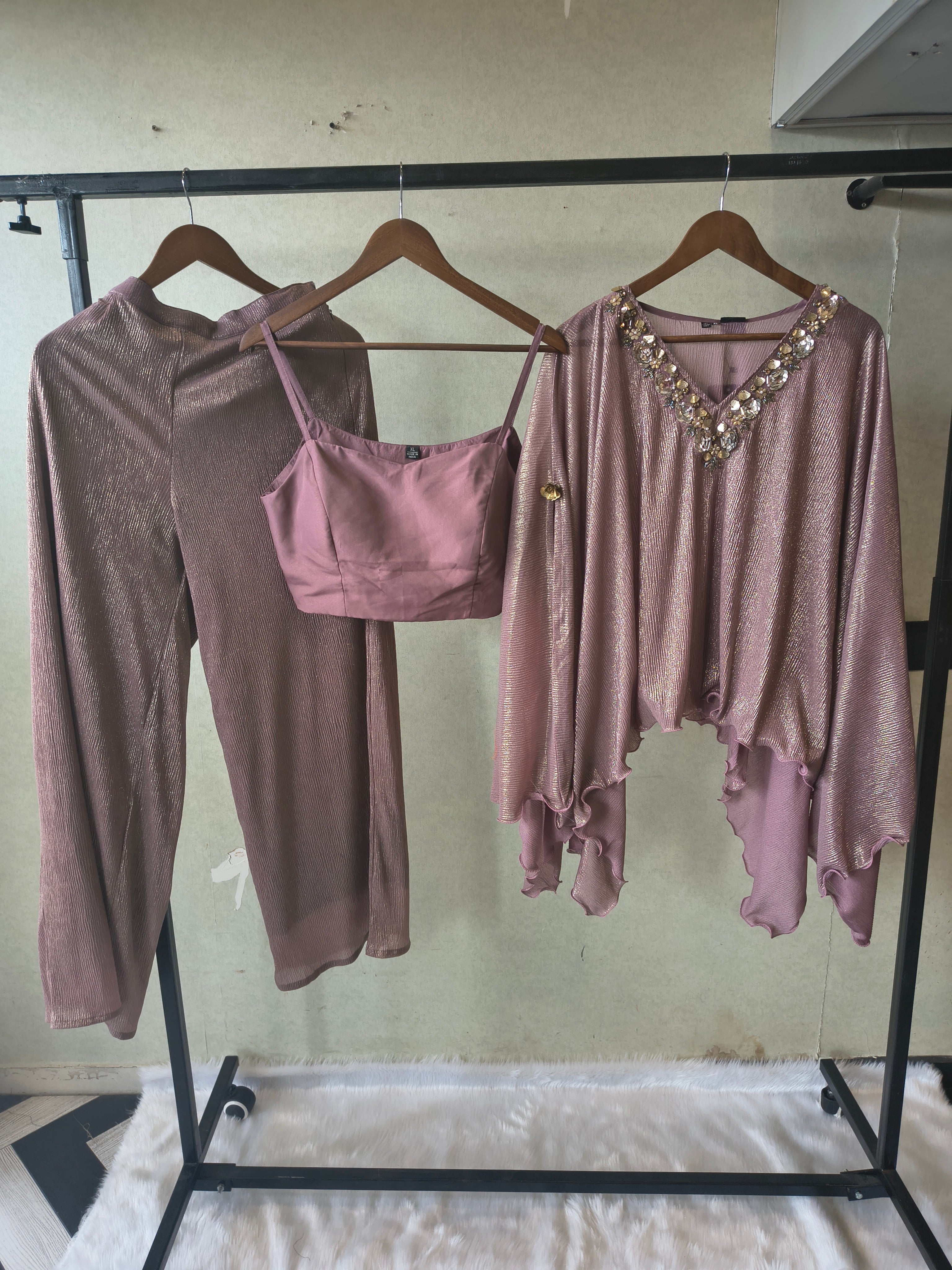 Image of Premium Rose Gold Shimmer Kaftan Co-Ord Set with Hand Embellished Cape & Straight Pants