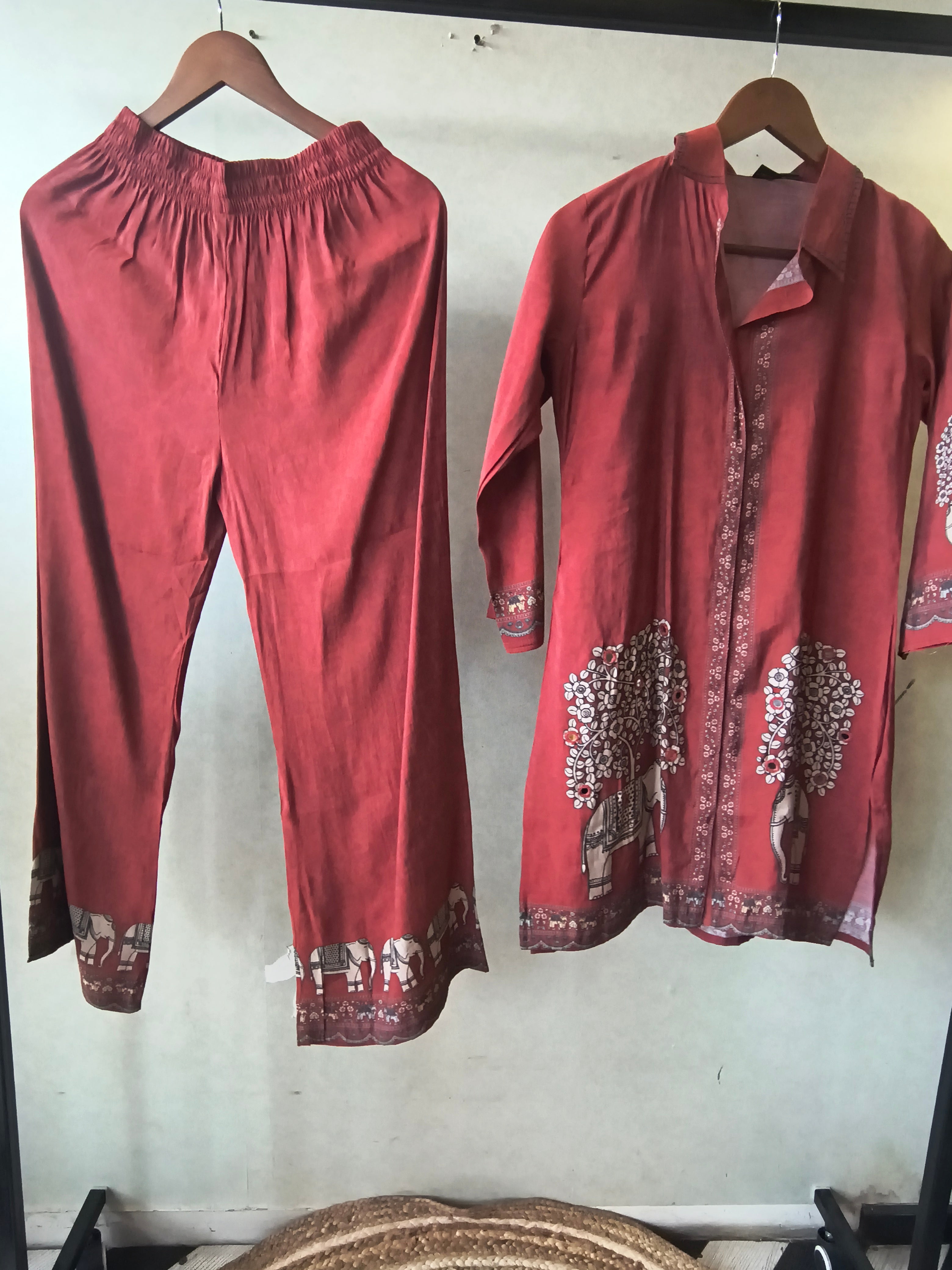Image of Rust Red Elephant Print Designer Co-Ord Set with Asymmetrical Hem