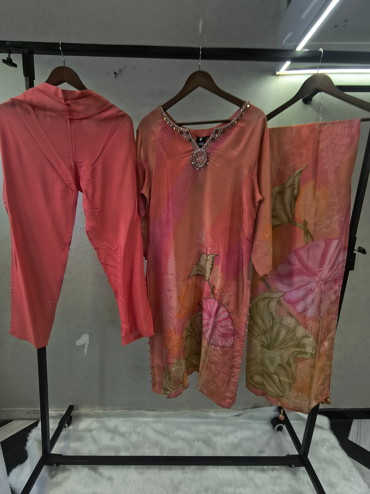 Coral Pink Floral Printed Designer Kurta Set with Embellished Neckline & Printed Dupatta | Premium 3 Piece Festive Ensemble