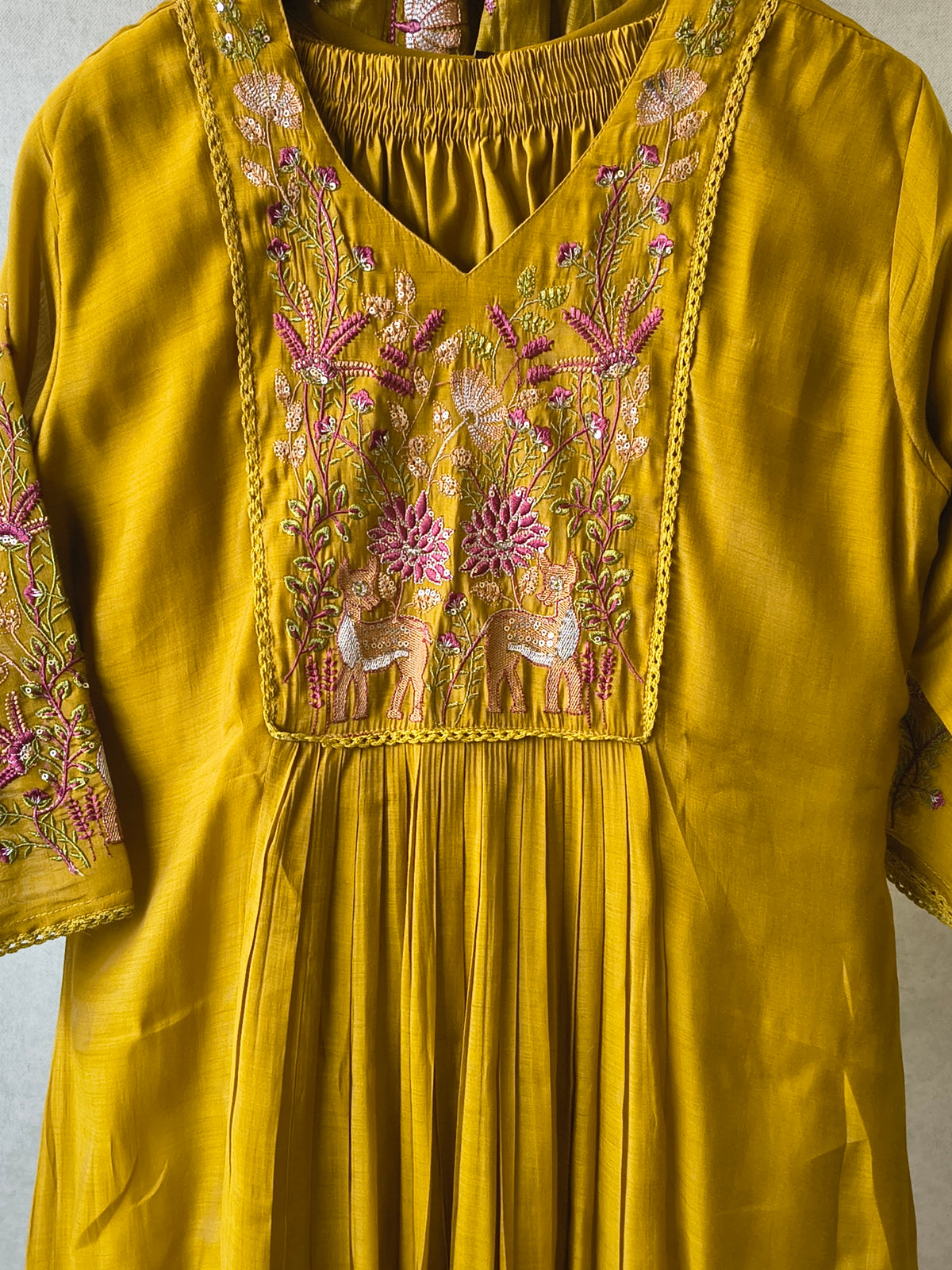 Mustard Yellow Cotton Blend 3-Piece Suit Set with Floral Embroidered Yoke & Tassel Dupatta