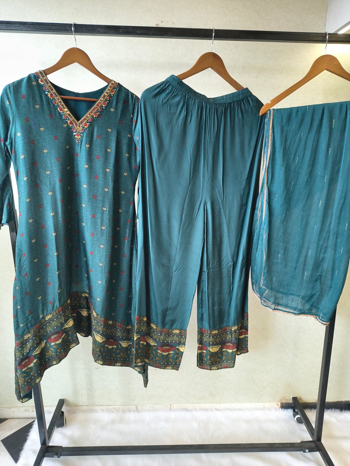 Premium Teal Printed Straight Kurta with Palazzo & Dupatta Set