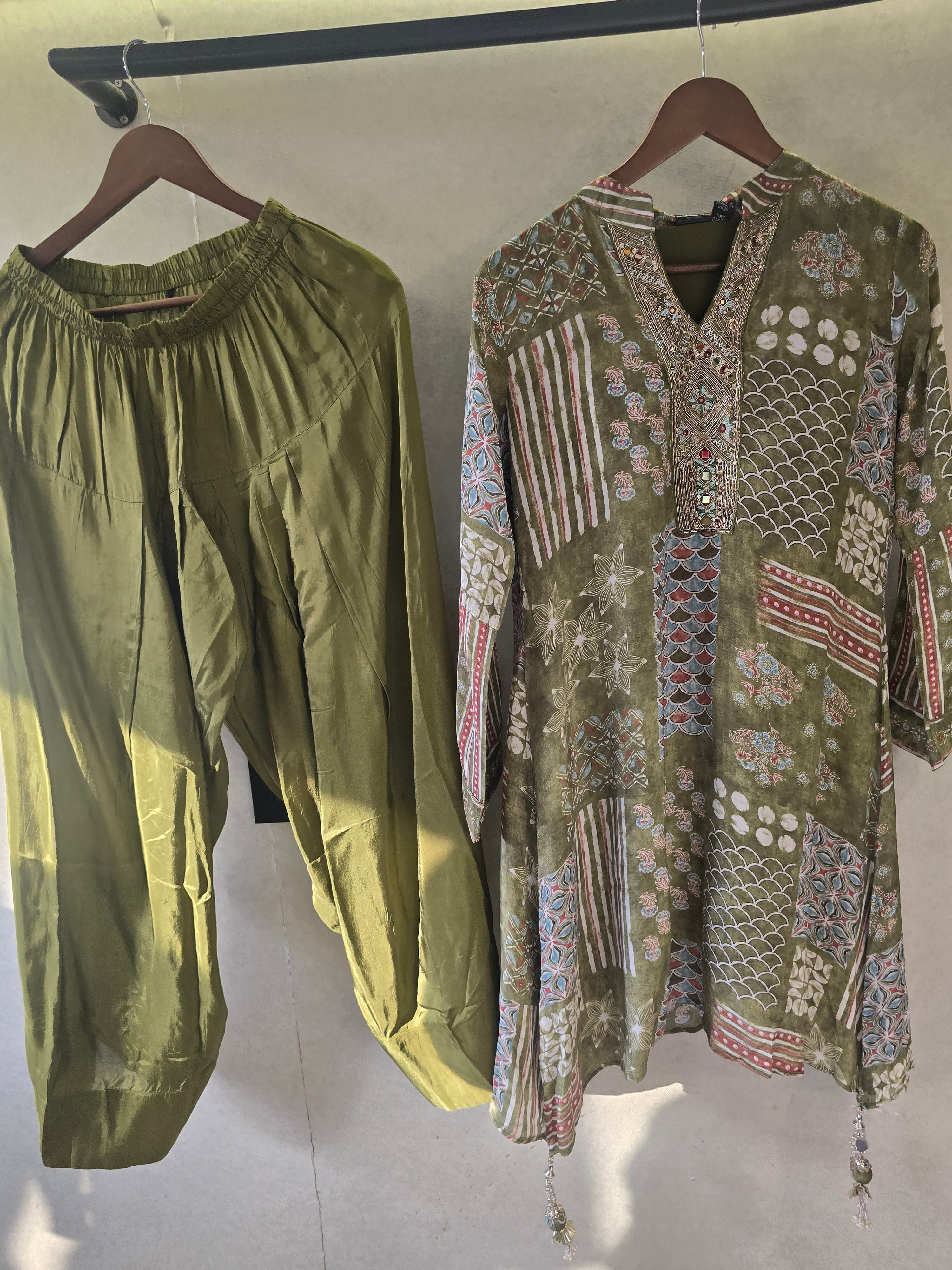 Image of Olive Patchwork Print Embroidered Co-Ord Set