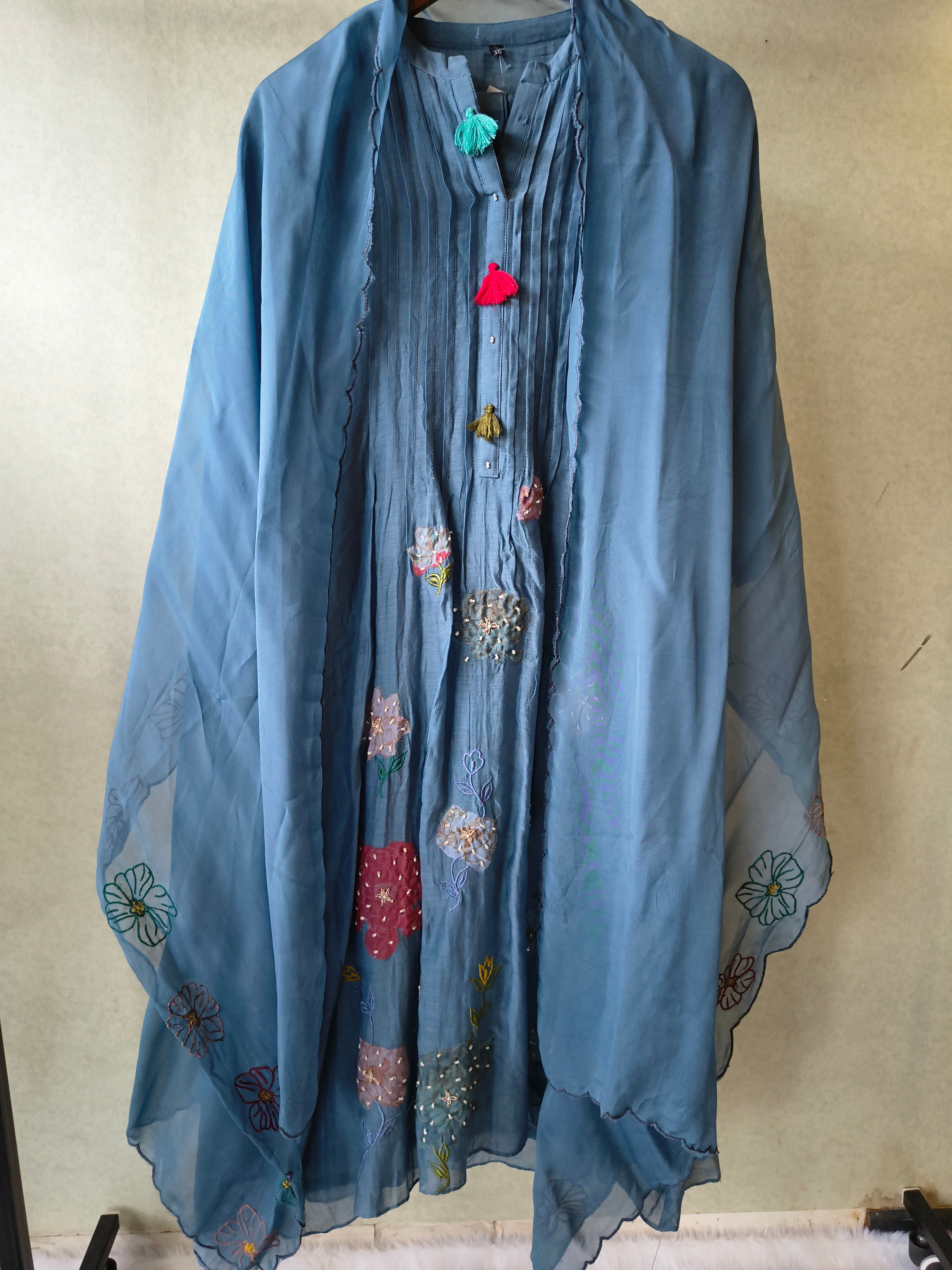 Image of Premium Steel Blue Embroidered Straight Kurta with Dhoti Pants & Embroidered Organza Dupatta Set