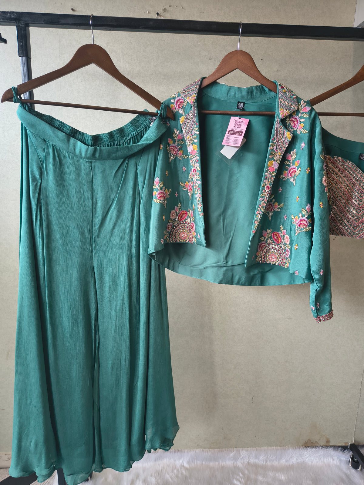 Premium Emerald Green 3-Piece Designer Palazzo Set with Heavy Embroidered Jacket & Sequins Blouse