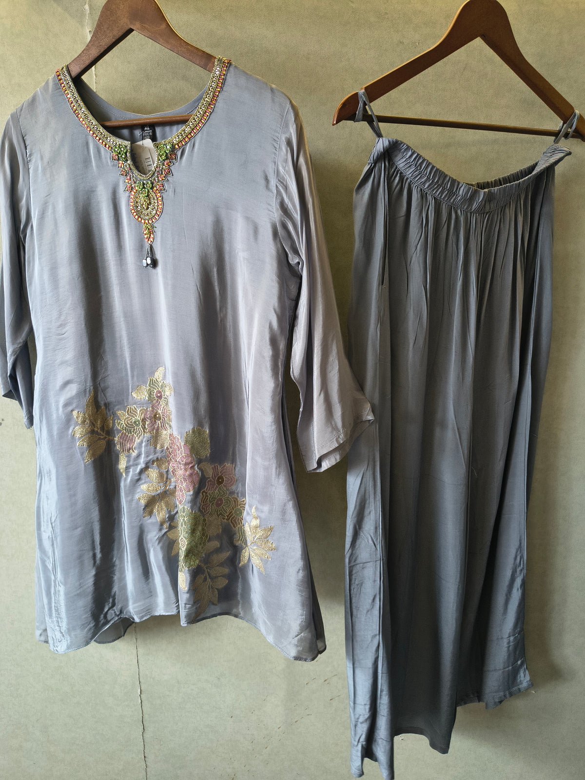 Grey Embroidered Premium Silk Co-Ord Set