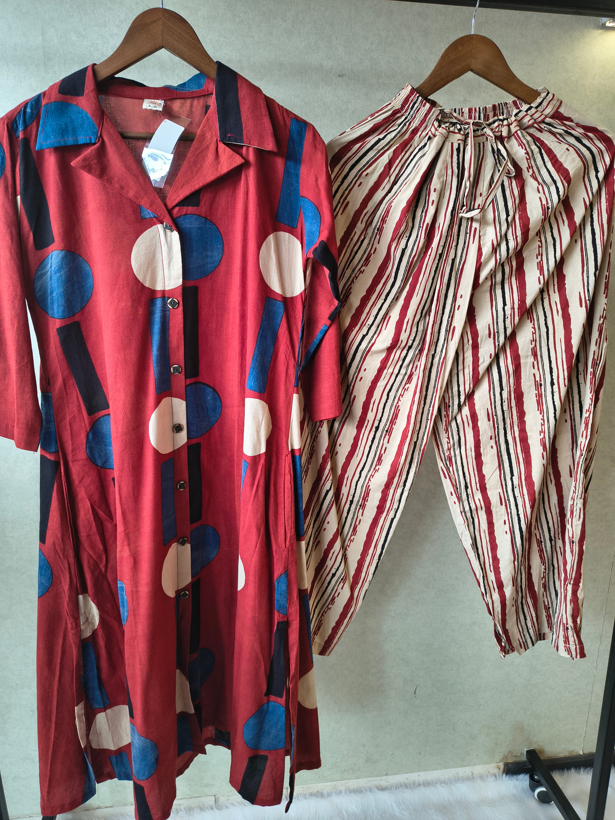 Premium Rust Red Abstract Printed Shirt Kurta with Striped Relaxed Pants Co-Ord Set