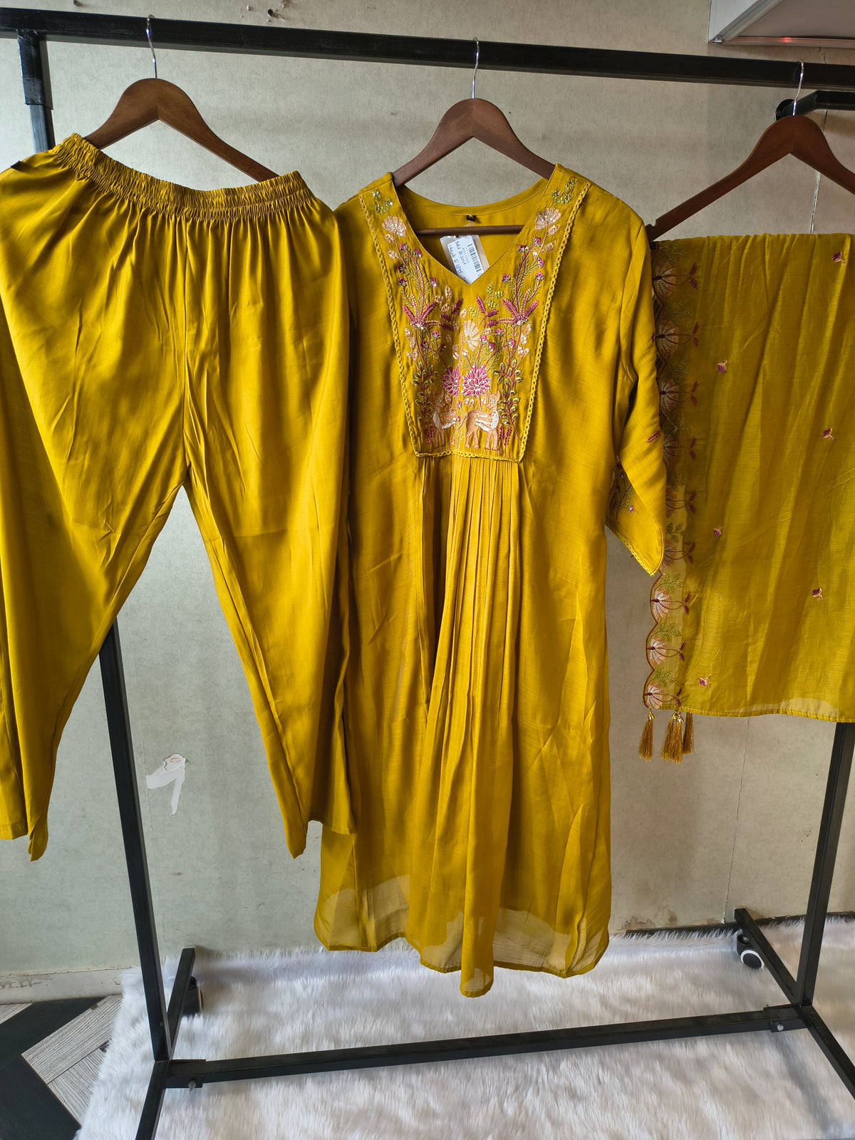 Mustard Yellow Cotton Blend 3-Piece Suit Set with Floral Embroidered Yoke & Tassel Dupatta