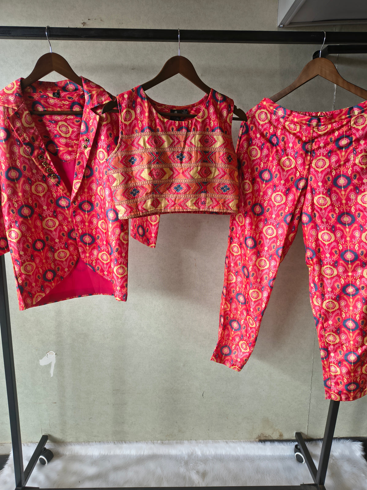 Premium Indo-Western Printed Co-ord Set with Embroidered Crop Top, Printed Shirt & Straight Pants