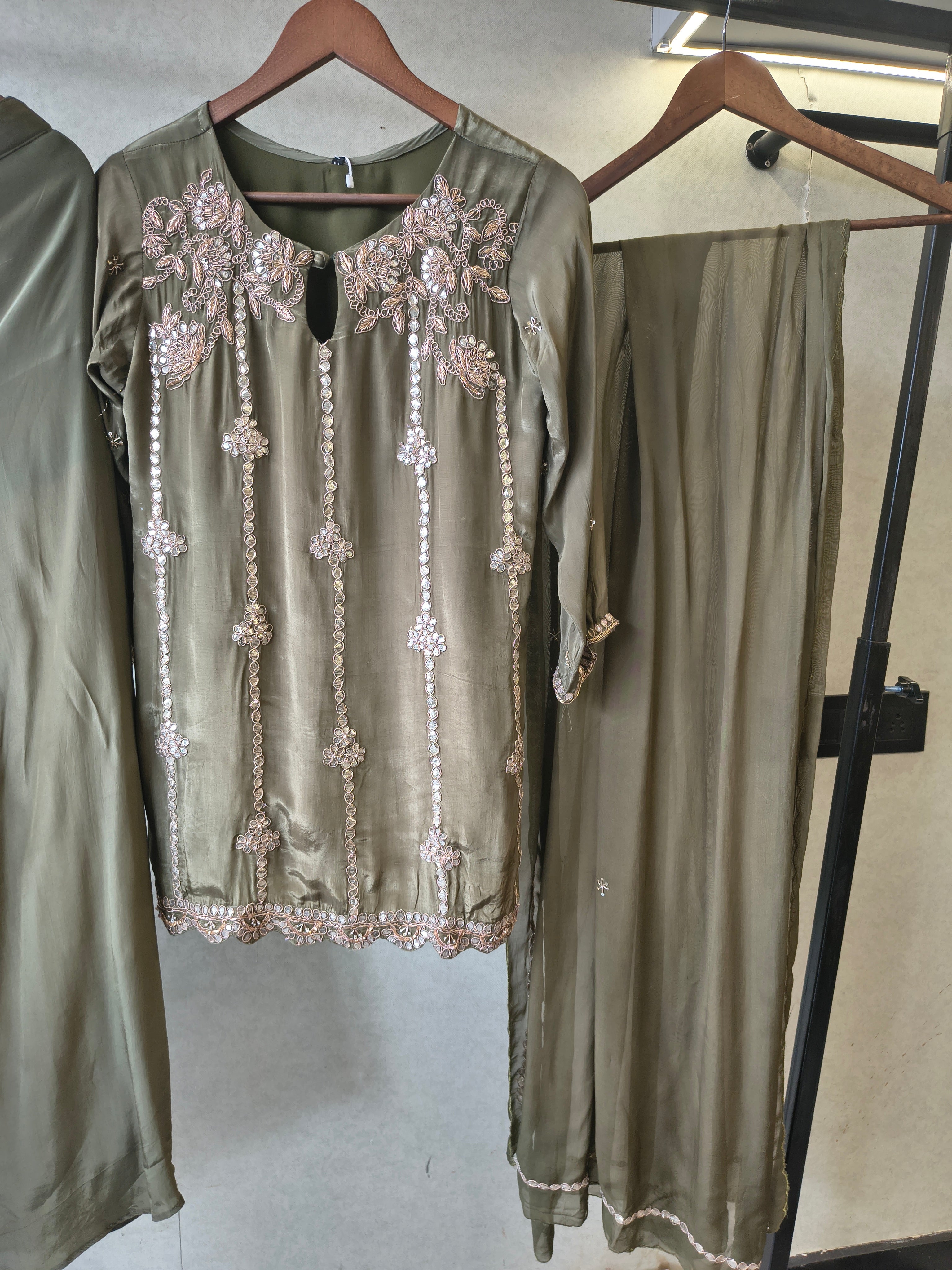 Image of Olive Green Pearl & Mirror Embroidered Kurta Set with Flared Palazzo & Organza Dupatta – Designer 3 Piece Festive Ensemble