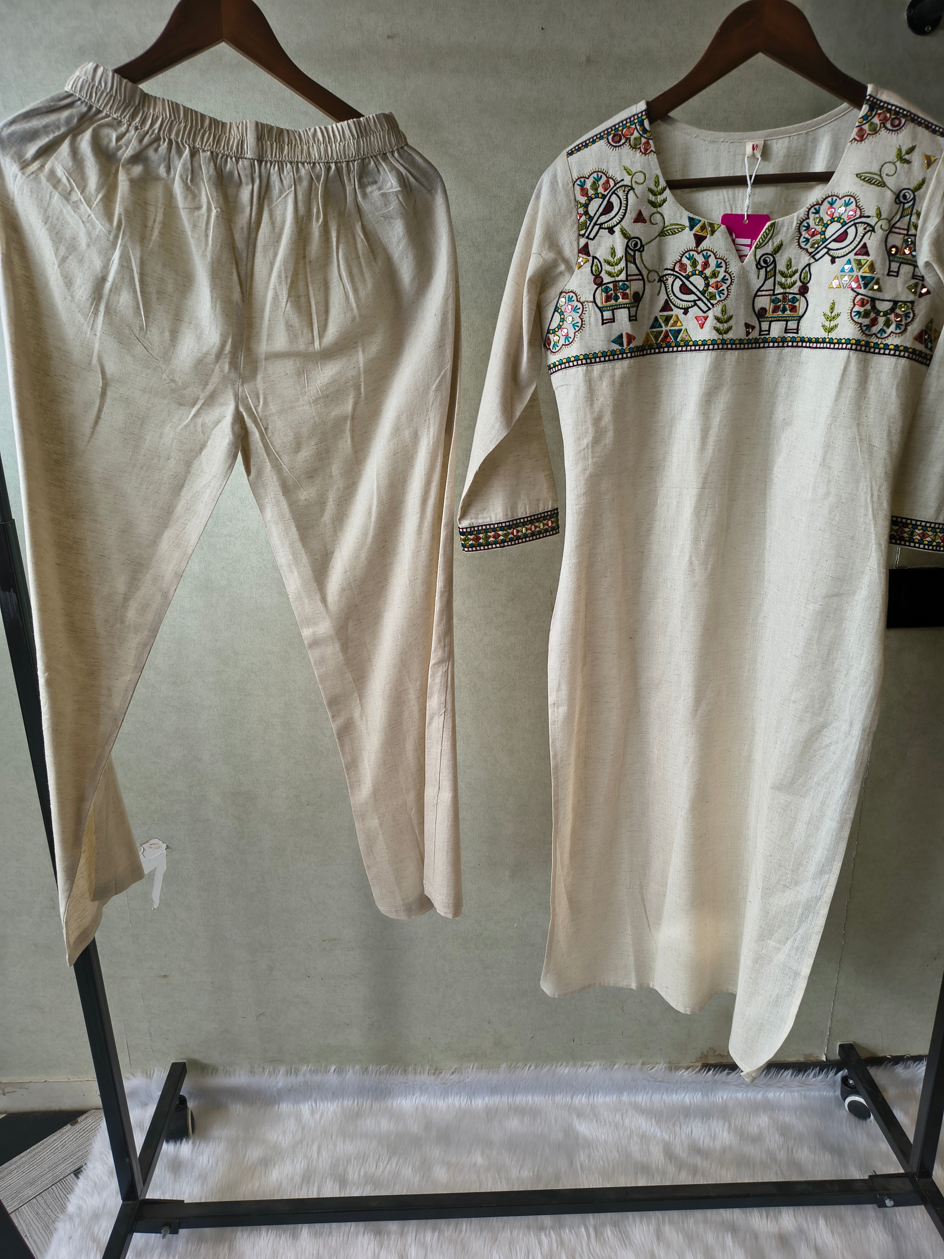 Image of Ivory Cotton Linen Kurta Set with Multicolour Folk Embroidery & Straight Pants