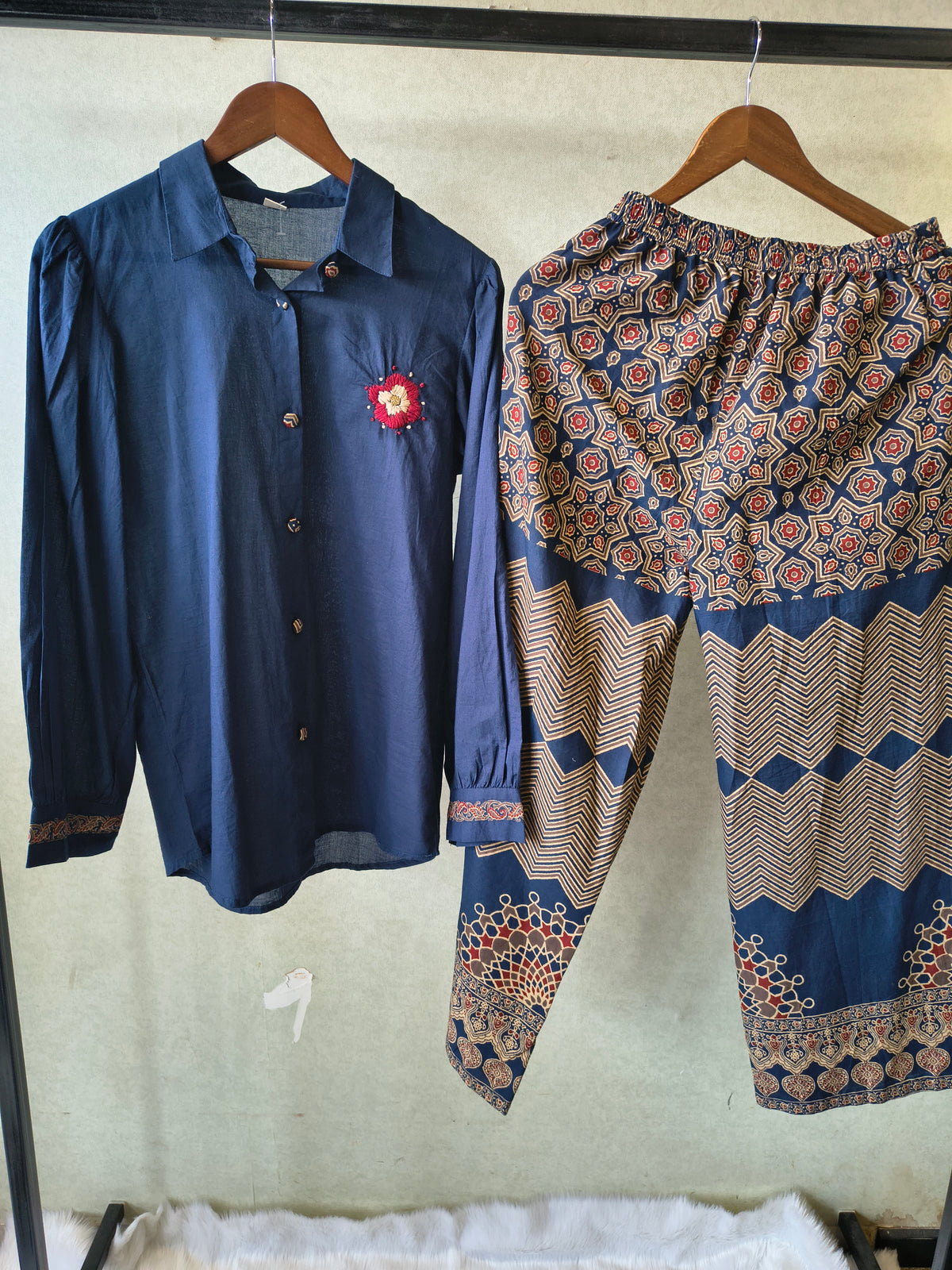 Navy Blue Designer Shirt Co-Ord Set with Statement Printed Palazzo Pants