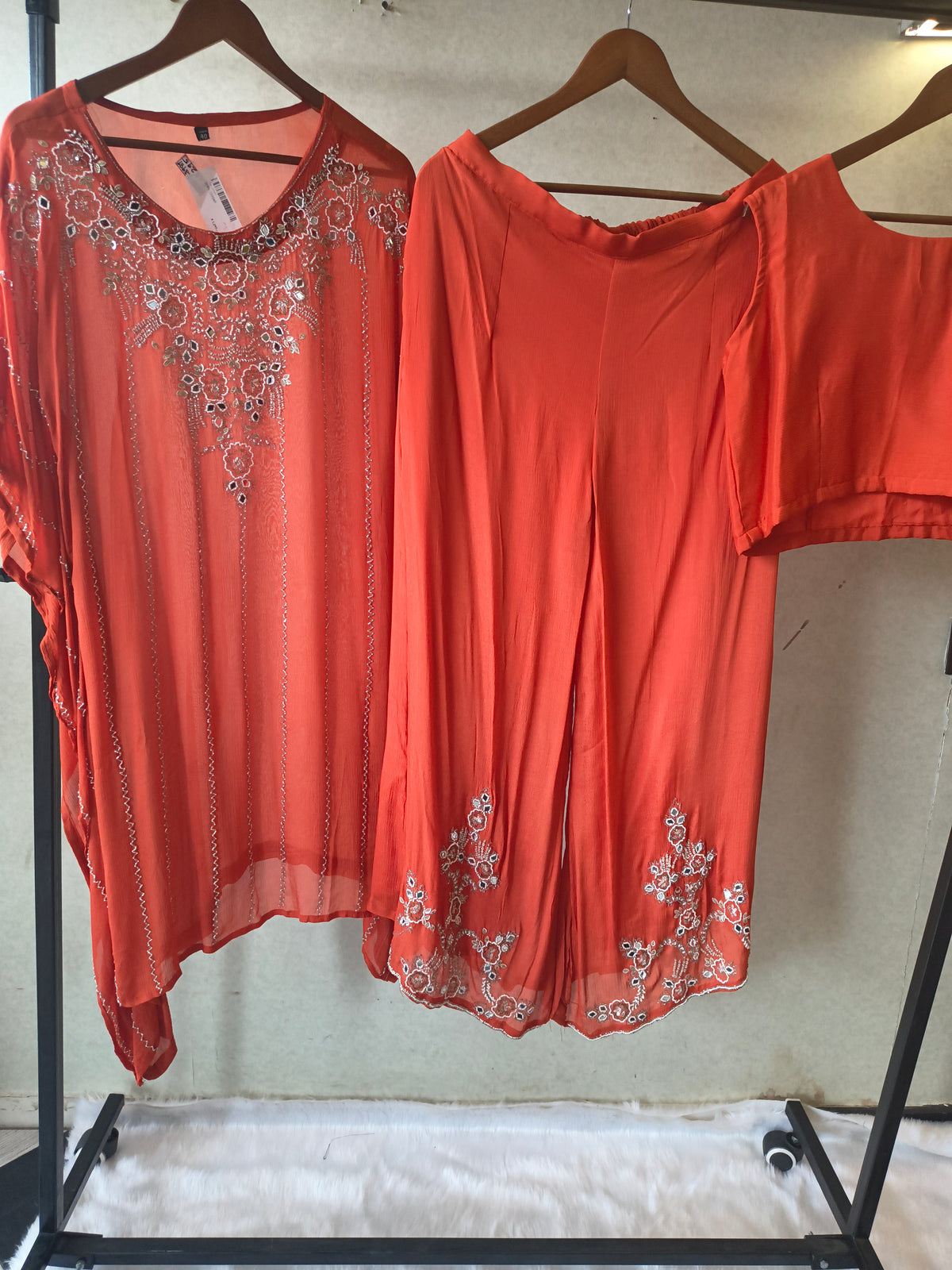 Rust Orange Embroidered Kaftan Co-Ord Set with Palazzo & Blouse – Designer 3 Piece Indo-Western Fusion Wear