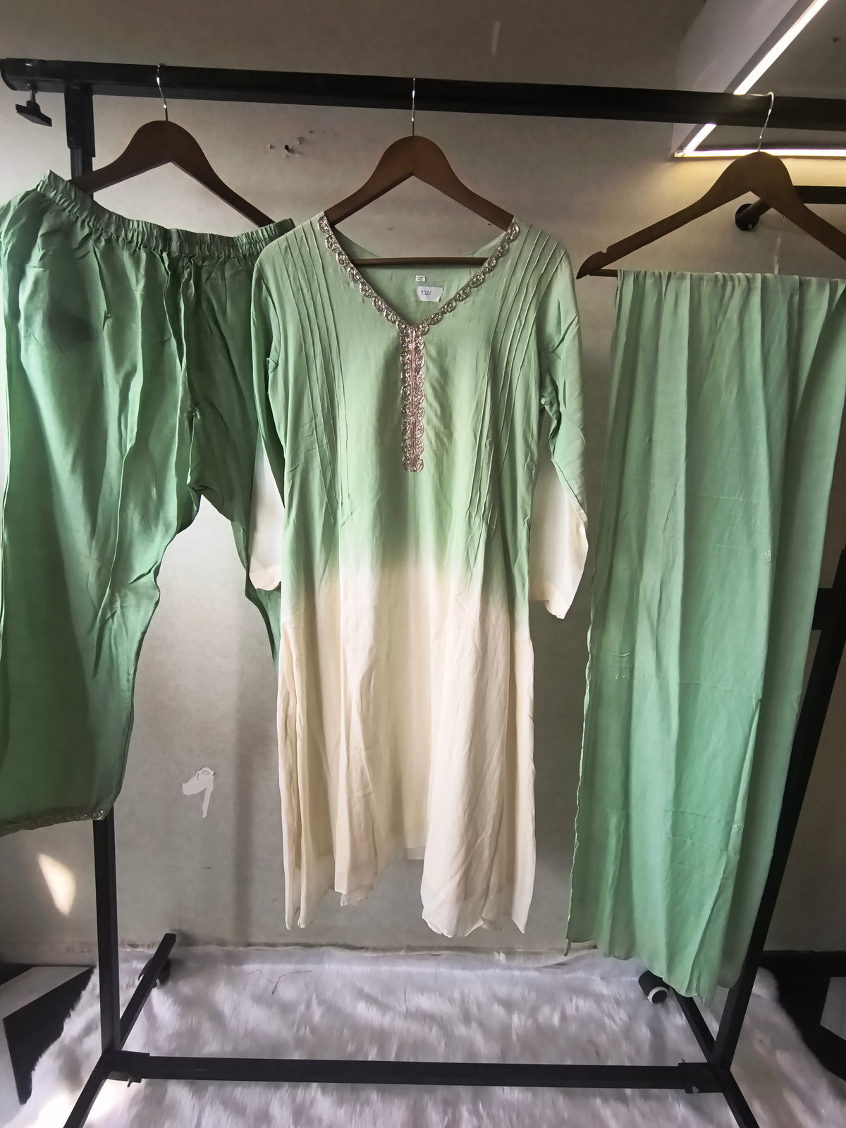 Mint Green Ombre Silk Blend Kurta Set with Embellished Neckline & Matching Dupatta – Premium 3 Piece Ethnic Ensemble