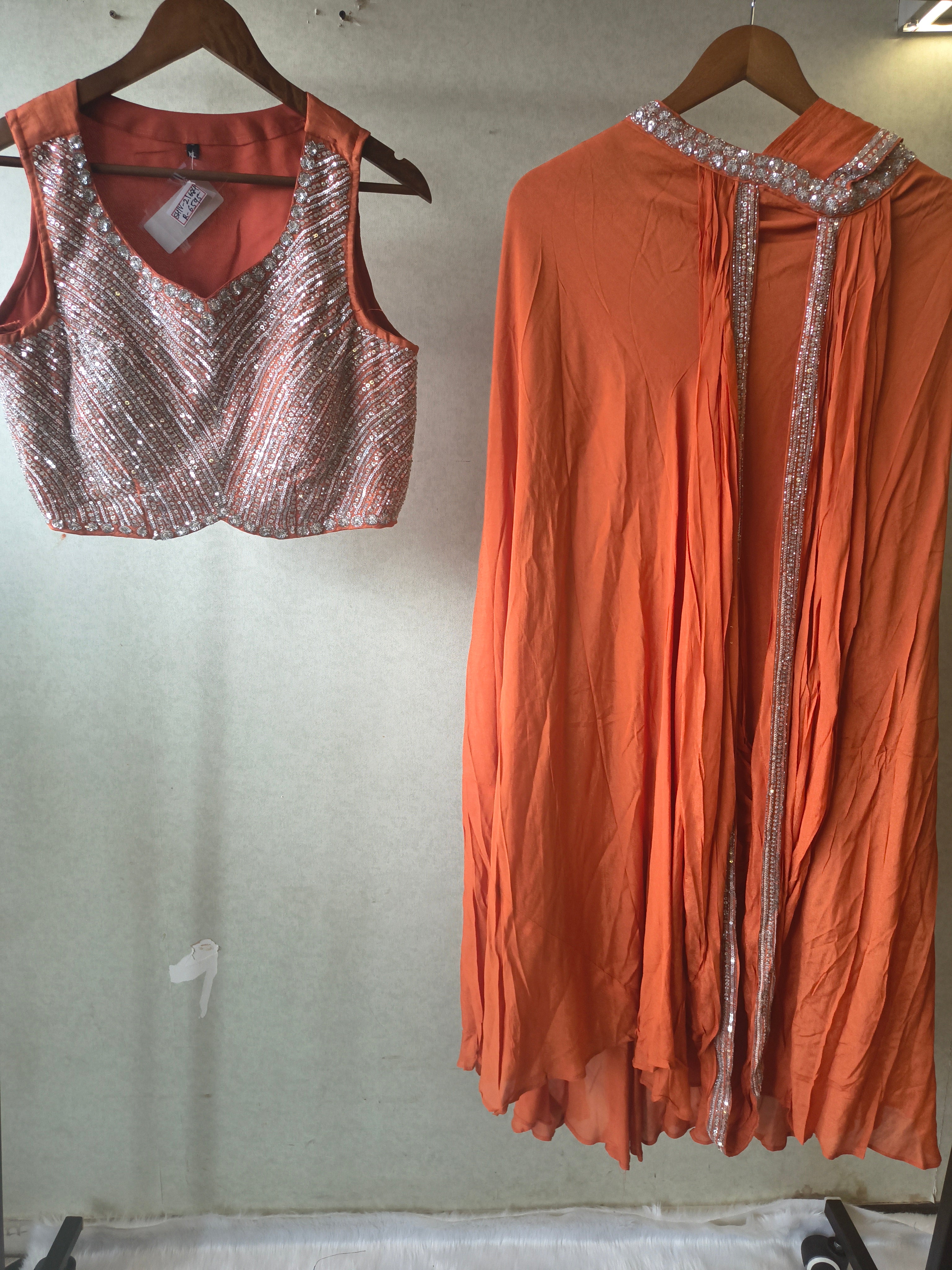 Image of Burnt Orange Embellished Designer Blouse with Drape Palazzo & Cape – 3 Piece Indo-Western Party Wear Set