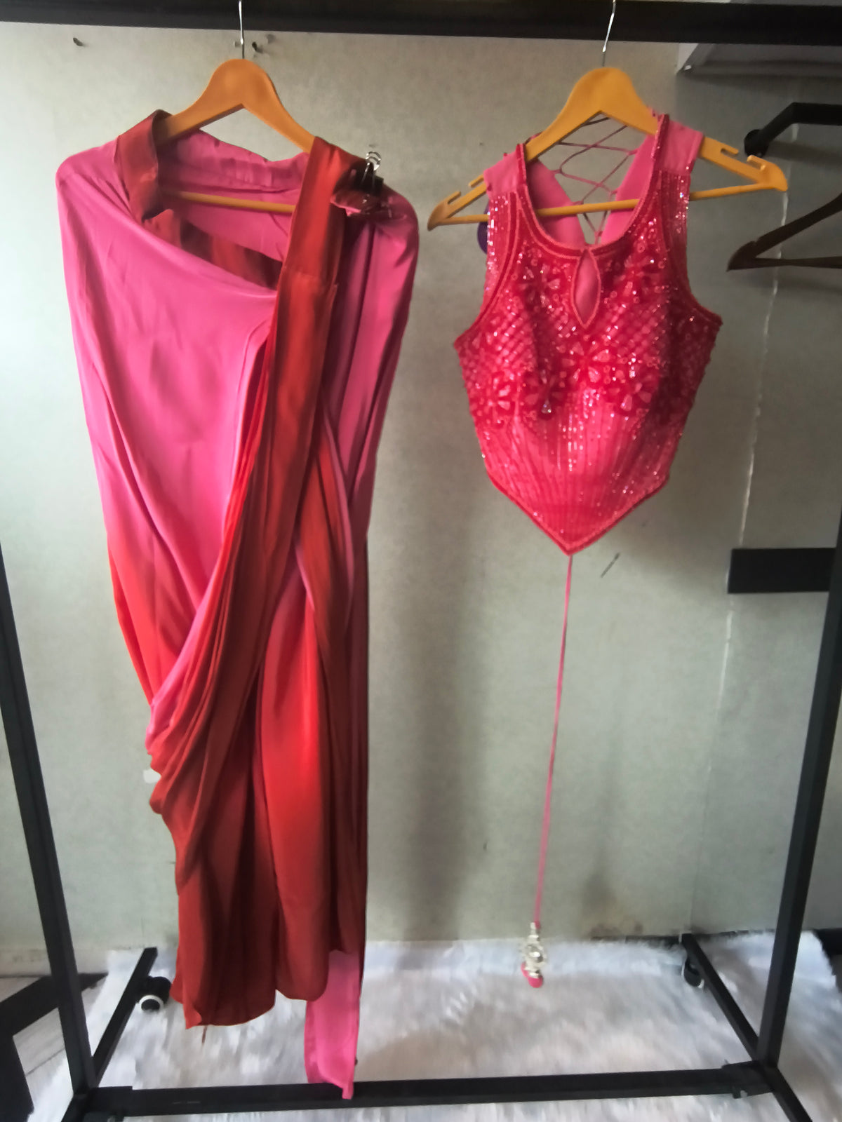 Premium Ombre Pink Pre-Draped Designer Saree with Heavy Hand Embroidered Corset Blouse