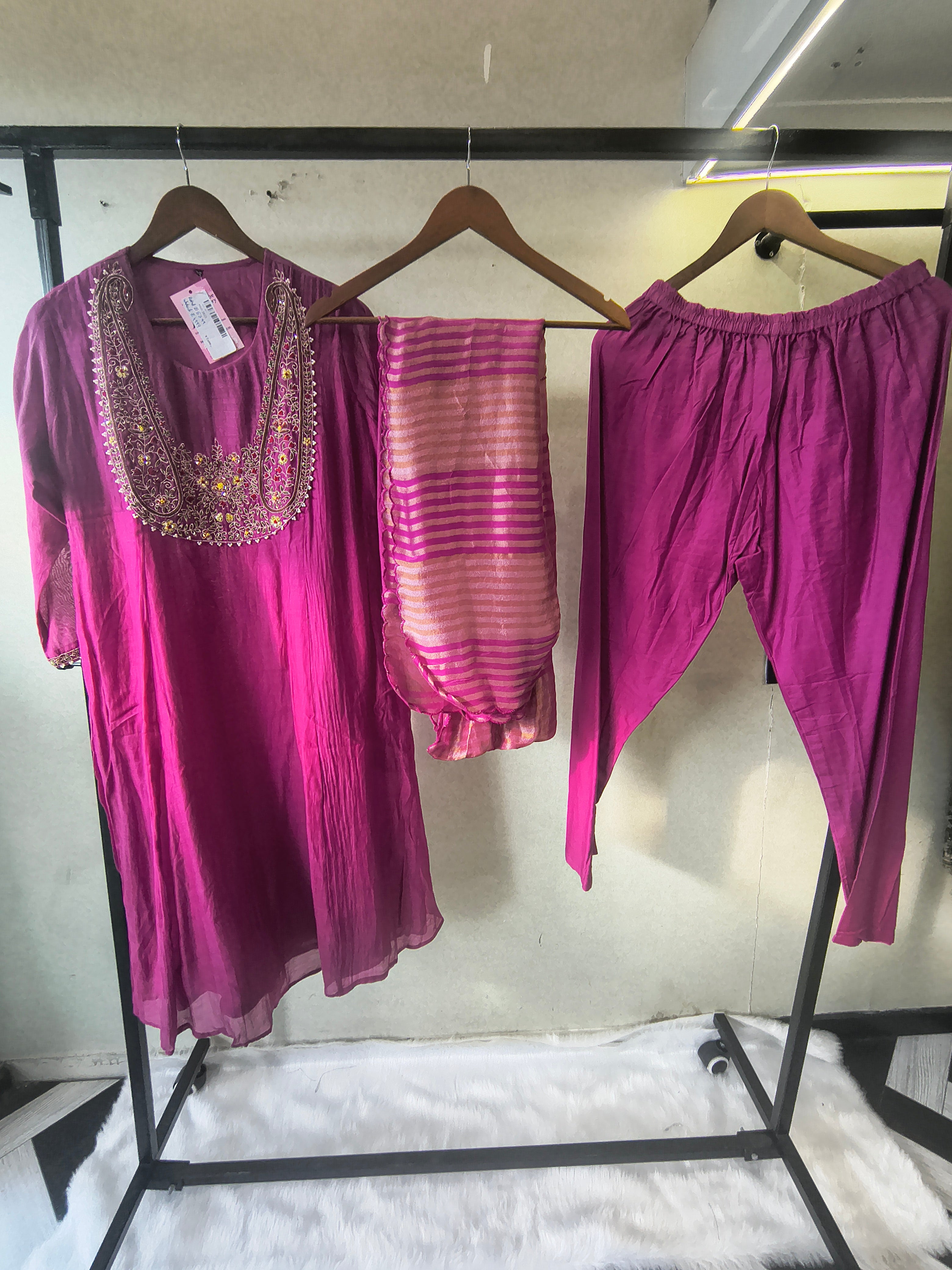 Image of Magenta Embroidered Straight Kurta Set with Heavy Handcrafted Yoke, Striped Organza Dupatta & Premium 3 Piece Ethnic Ensemble