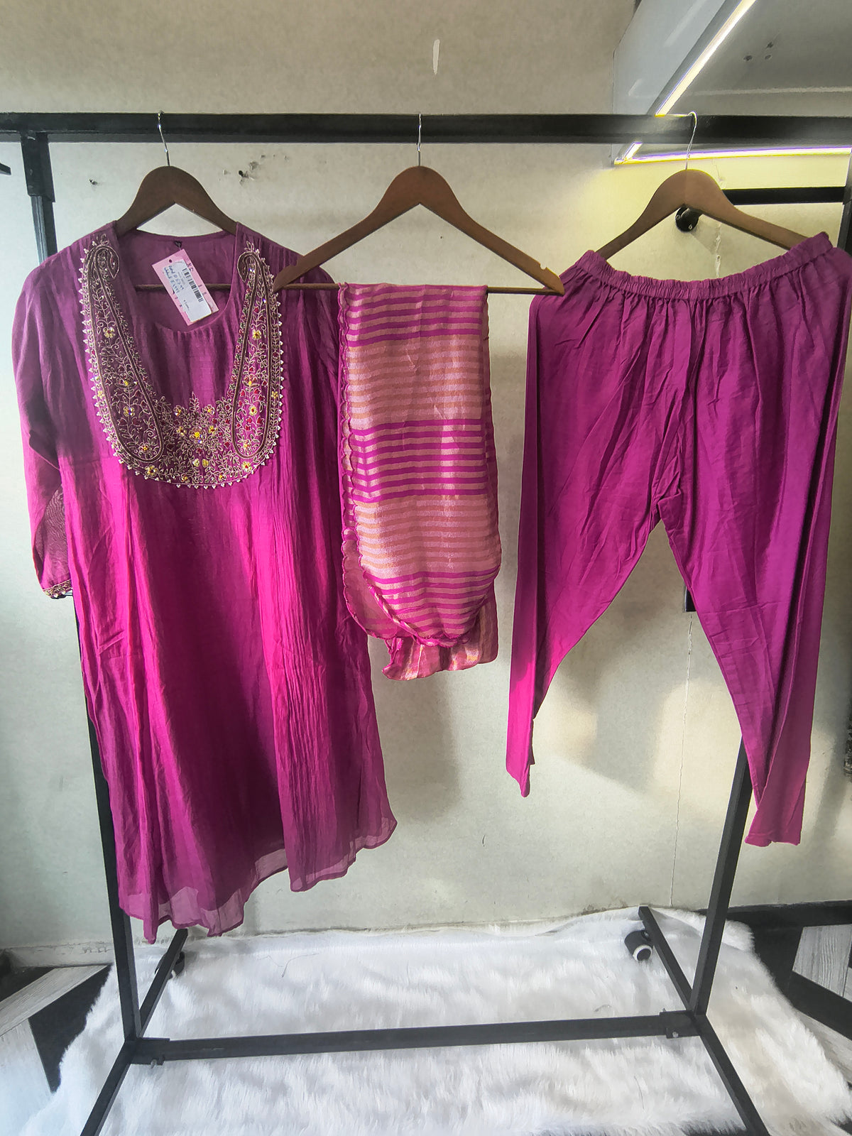 Magenta Embroidered Straight Kurta Set with Heavy Handcrafted Yoke, Striped Organza Dupatta & Premium 3 Piece Ethnic Ensemble