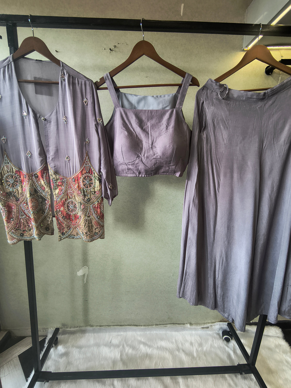 Dusty Mauve Tissue Silk Embroidered Peplum Jacket with Bustier & Flared Palazzo – 3 Piece Designer Indo-Western Set