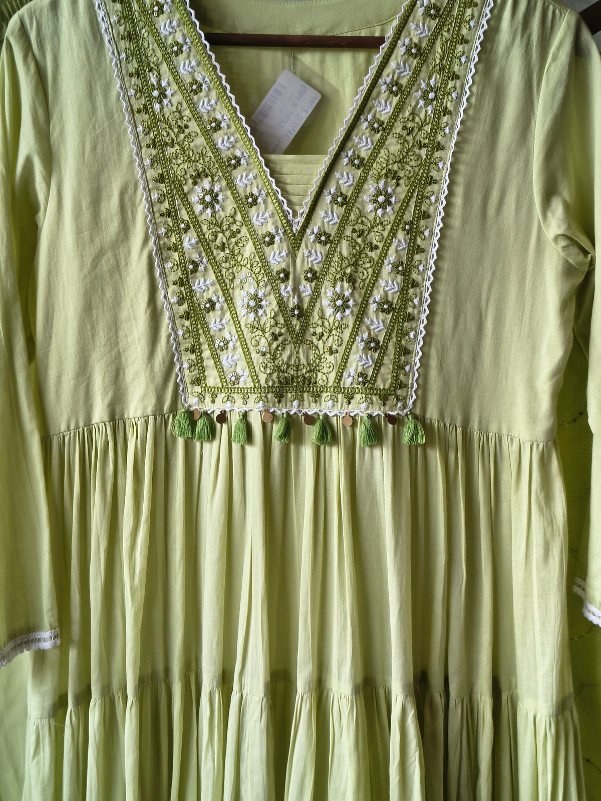 Lime Green Cotton Tiered Kurta Set with Embroidered Yoke & Quilted Dupatta