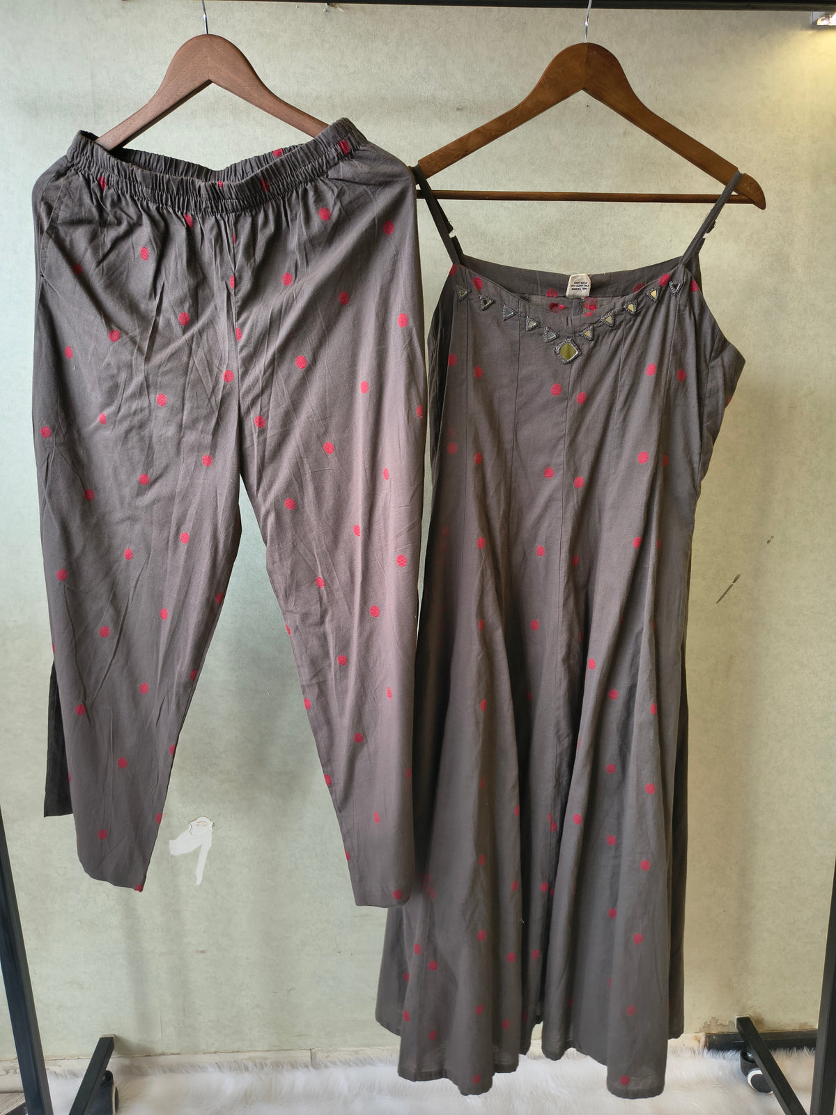 Premium Charcoal Grey Polka Dot Cotton Sleeveless A-Line Kurta & Pant Co-Ord Set