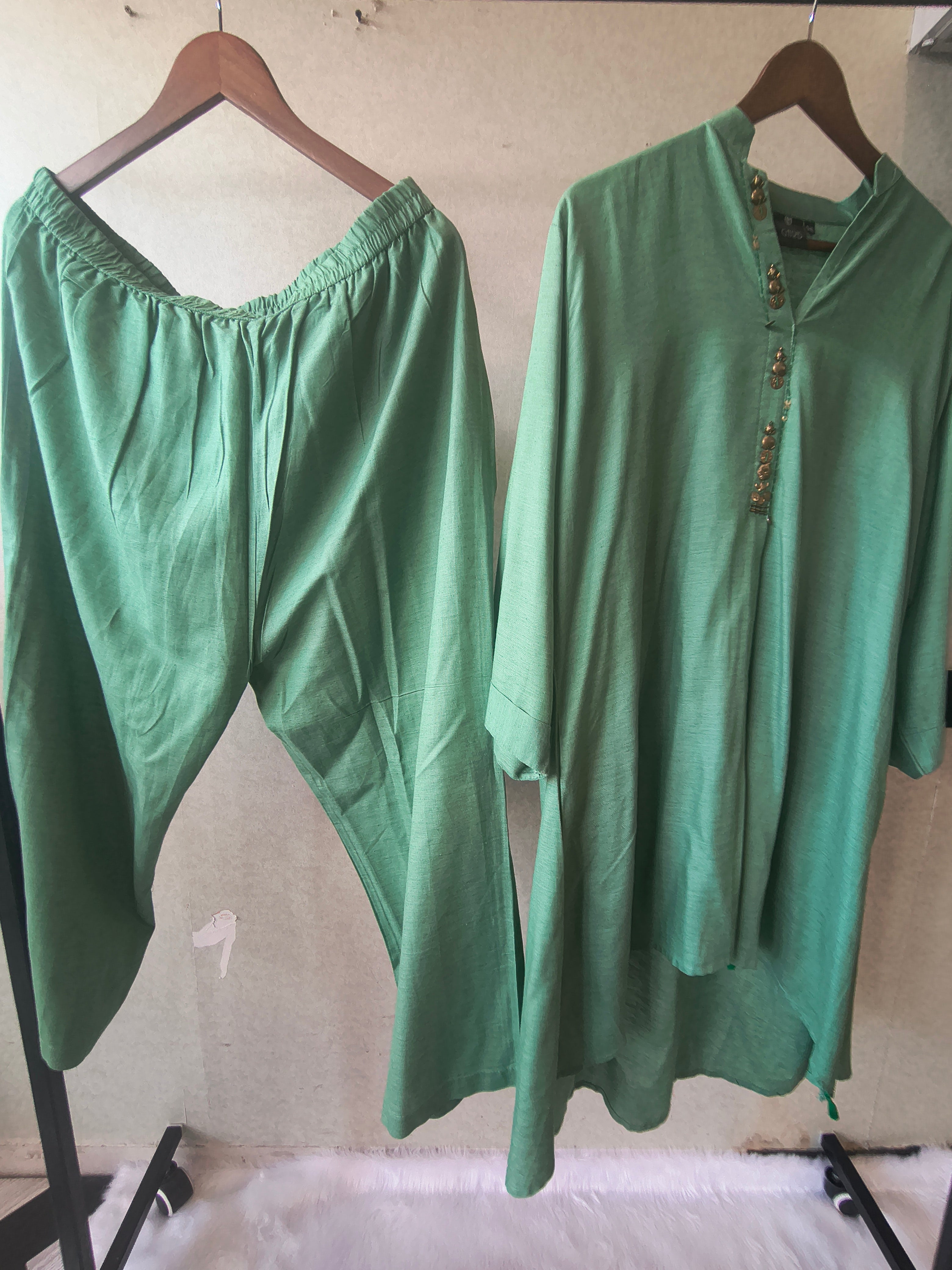 Image of Premium Sage Green Designer Co-Ord Kurta Set with Antique Button Detailing