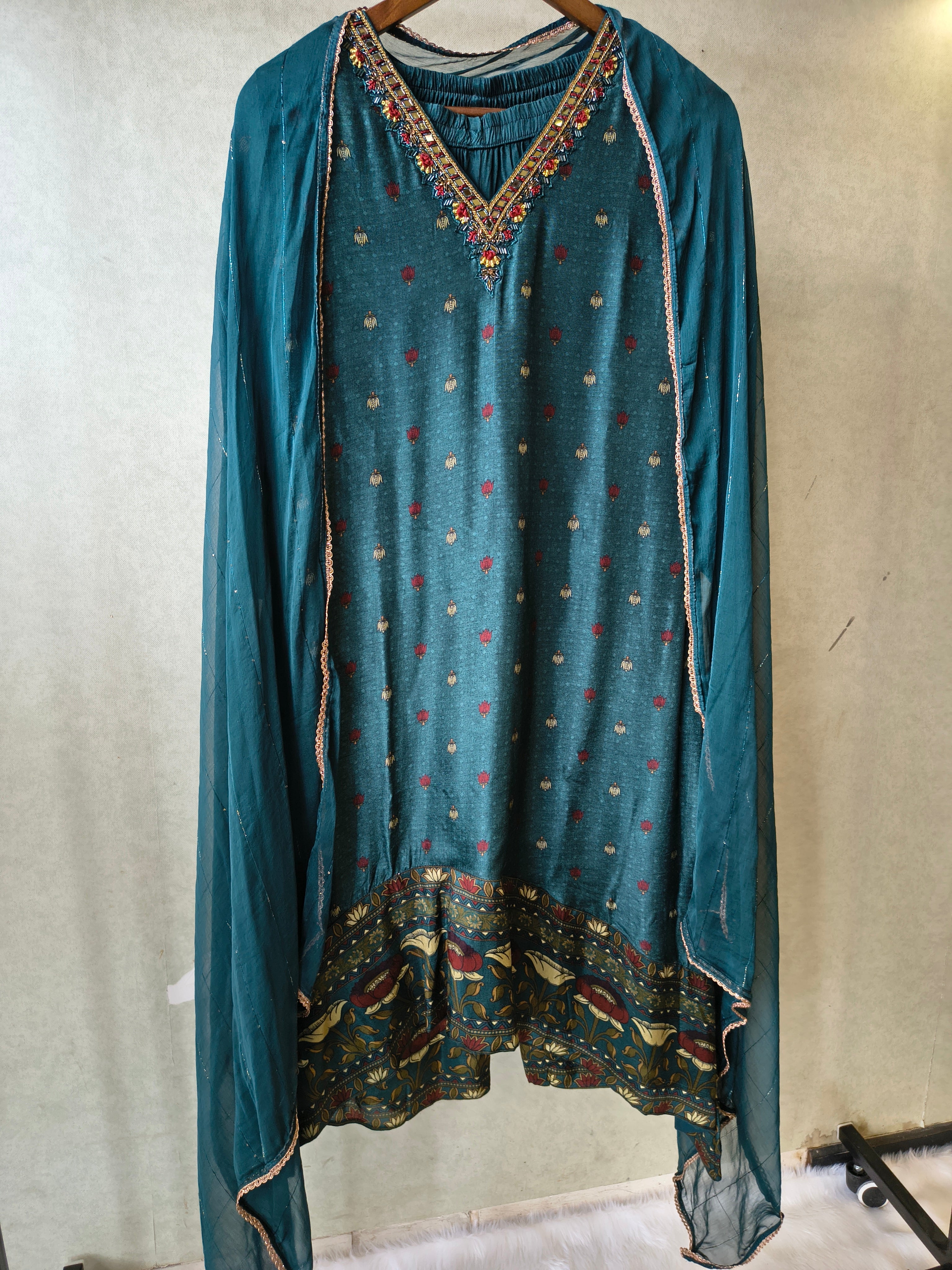 Image of Premium Teal Printed Straight Kurta with Palazzo & Dupatta Set