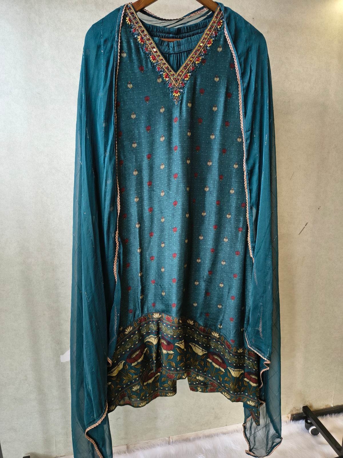 Premium Teal Printed Straight Kurta with Palazzo & Dupatta Set