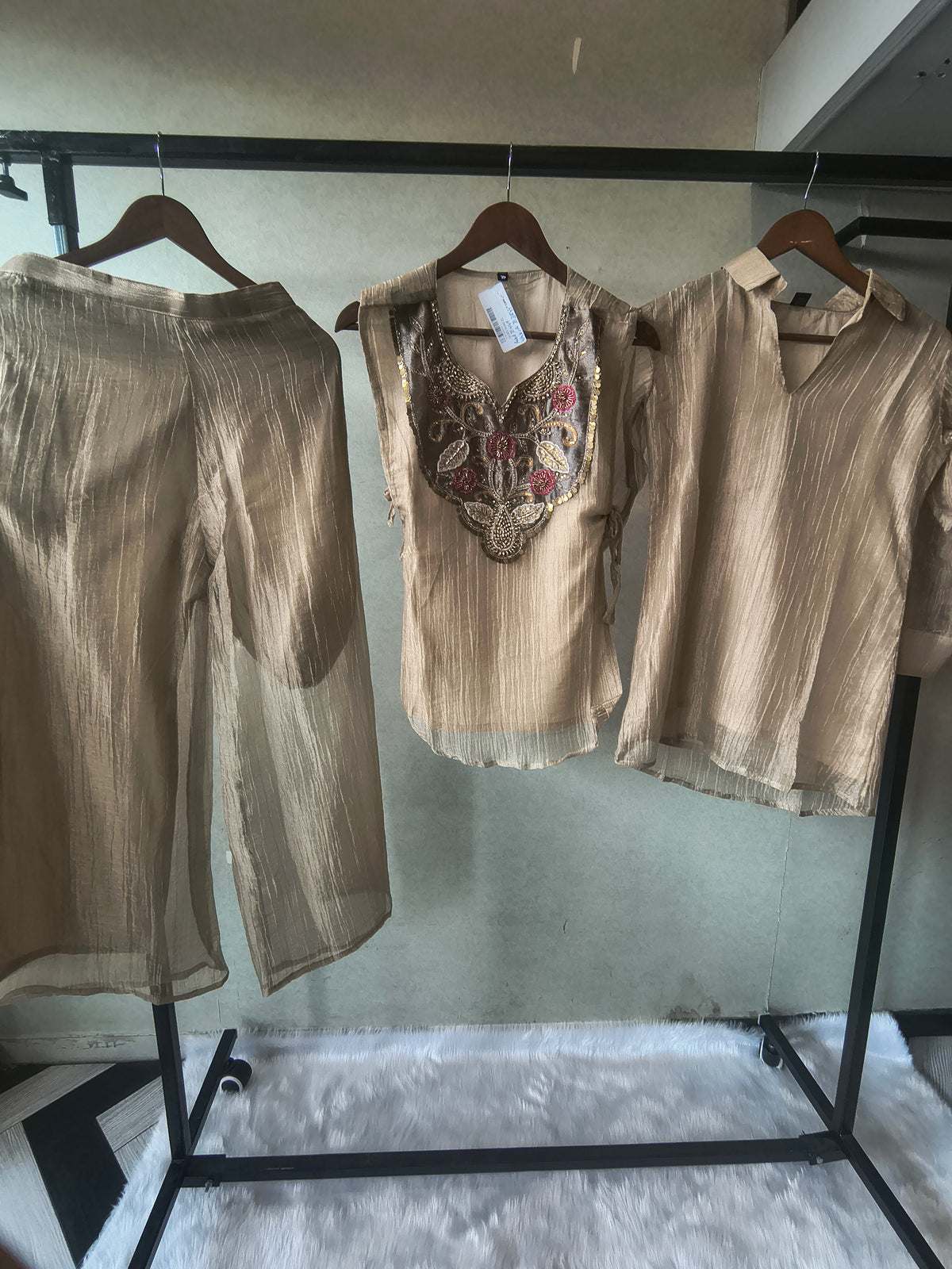 Premium Champagne Tissue Silk Embroidered Kurta with Hand Embellished Statement Yoke