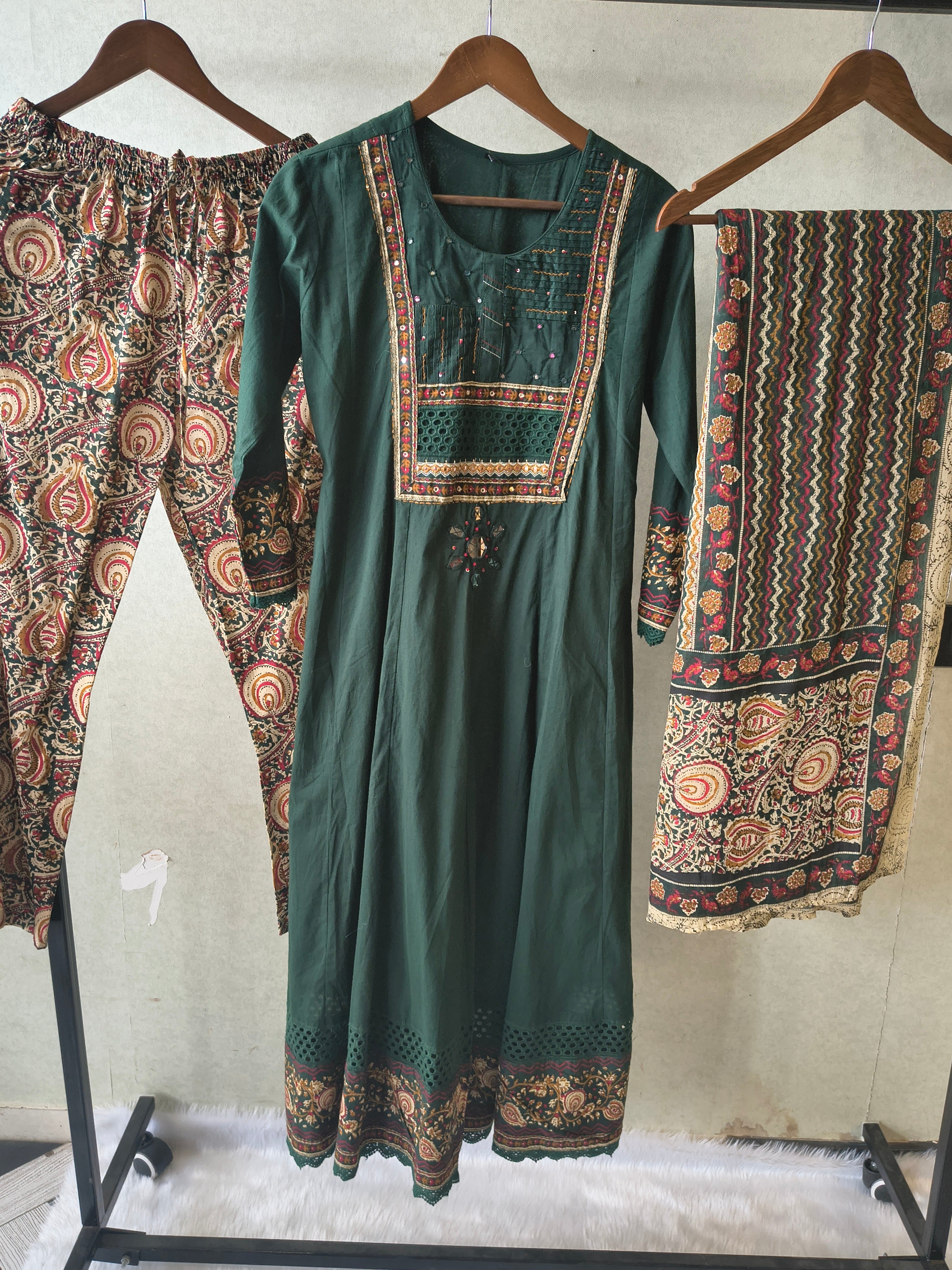 Image of Emerald Green Embroidered Three-Piece Kurta Set with Printed Pant & Designer Dupatta