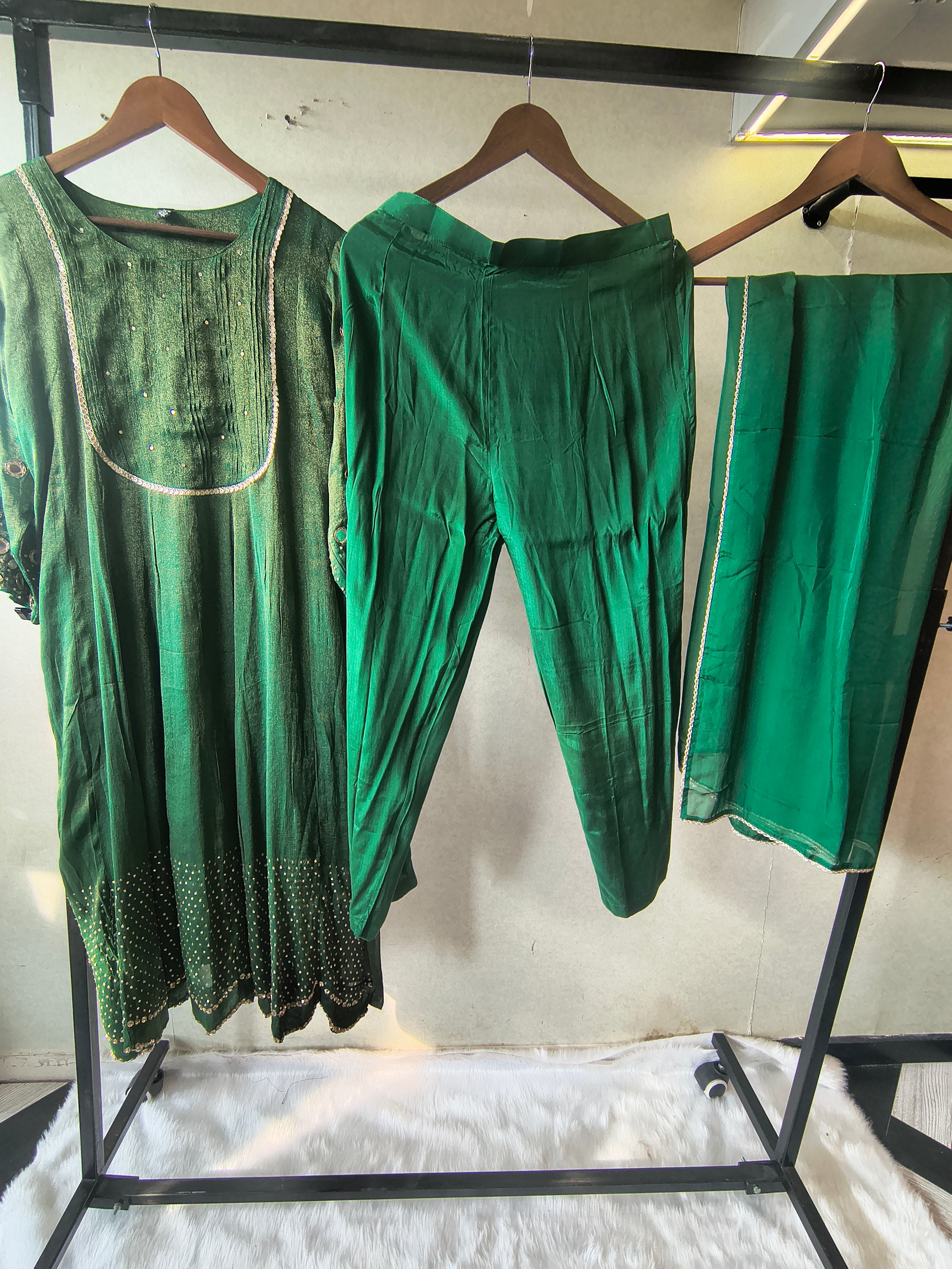 Image of Emerald Green Georgette Anarkali Suit Set with Pintuck Yoke, Sequin Detailing & Lace Border Dupatta – Premium 3 Piece Ethnic Ensemble