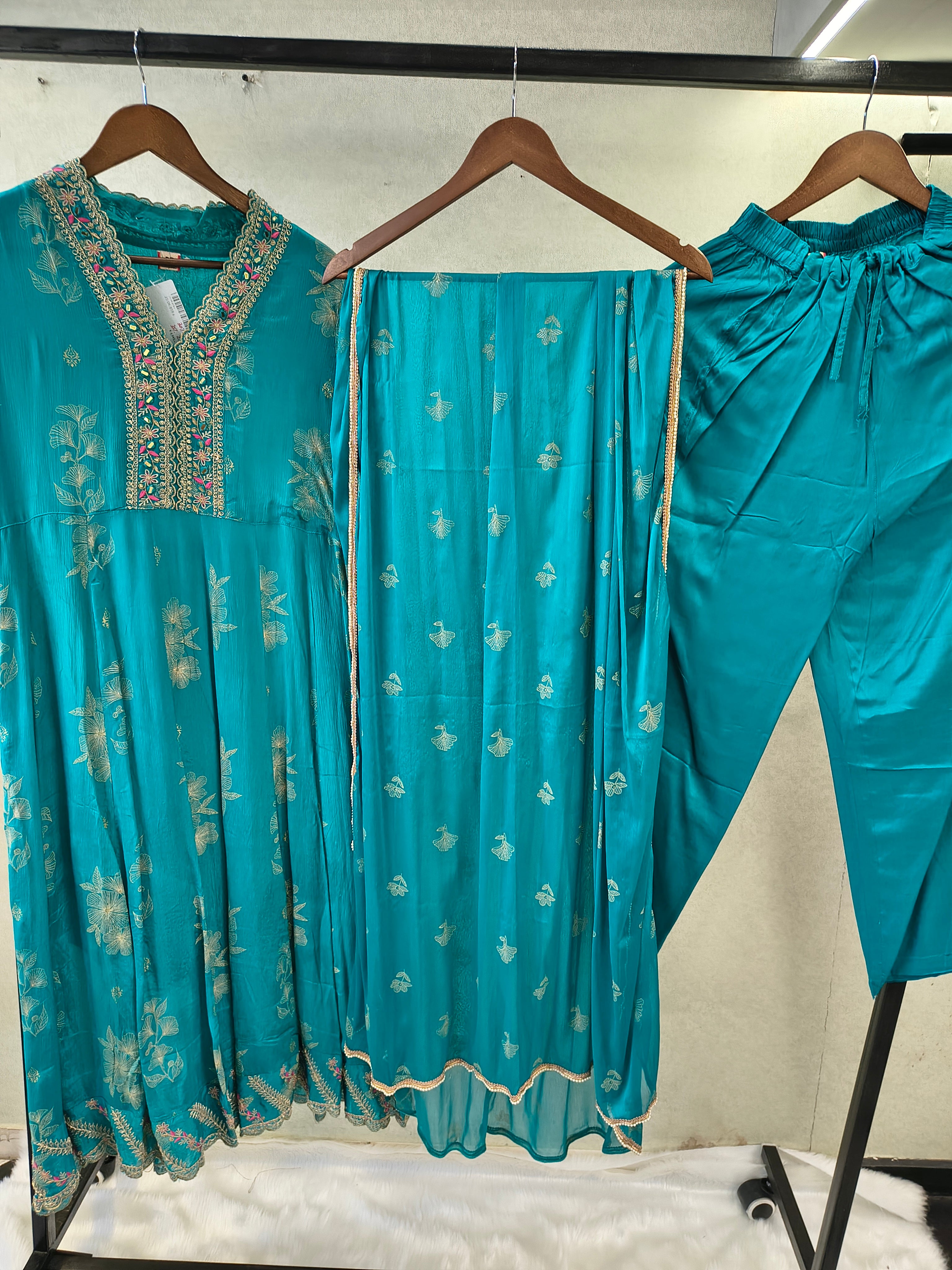 Image of Teal Blue Floral Embroidered Anarkali Kurta Set with Straight Pants & Embroidered Chiffon Dupatta | Premium 3 Piece Festive Ensemble