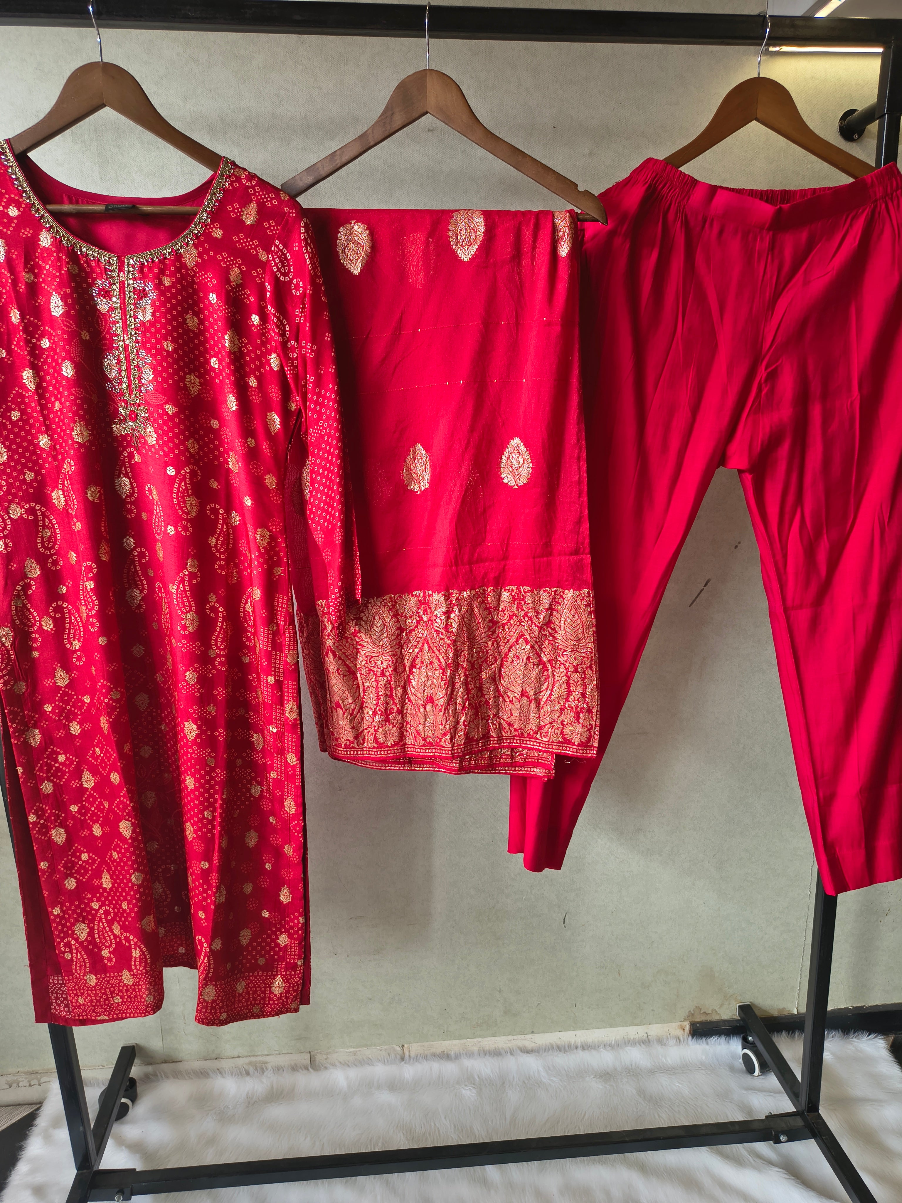 Image of Premium Crimson Red Zari Woven Kurta with Straight Pants & Banarasi Border Dupatta Set