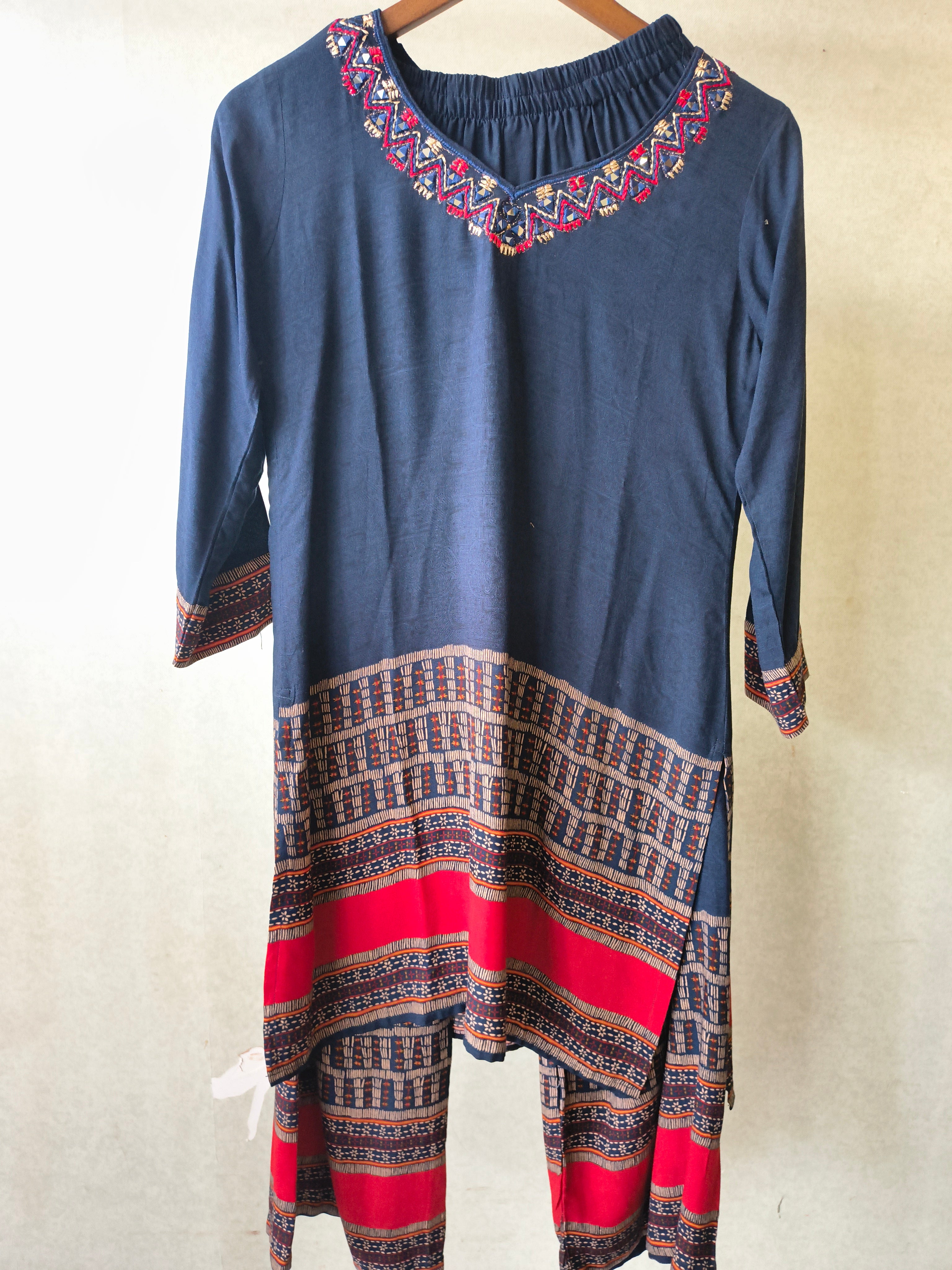 Image of Navy Blue Ethnic Border Designer Co-Ord Set with Embroidered Neckline