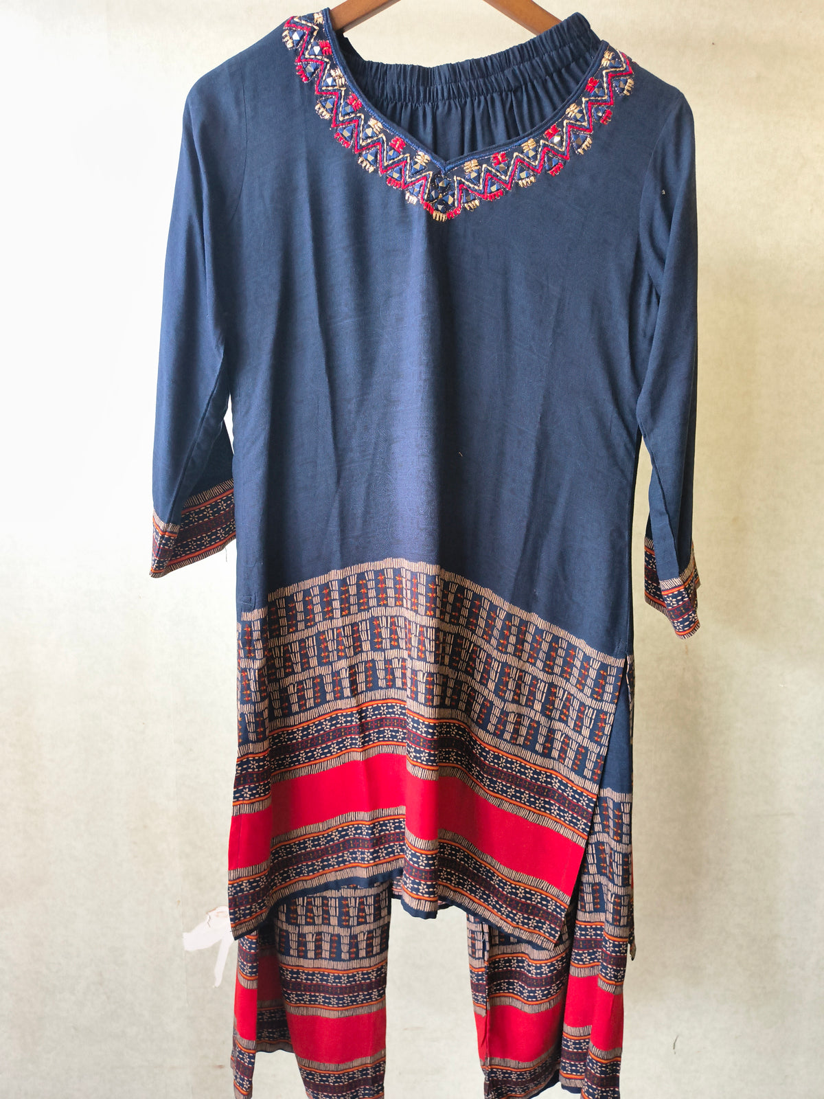 Navy Blue Ethnic Border Designer Co-Ord Set with Embroidered Neckline