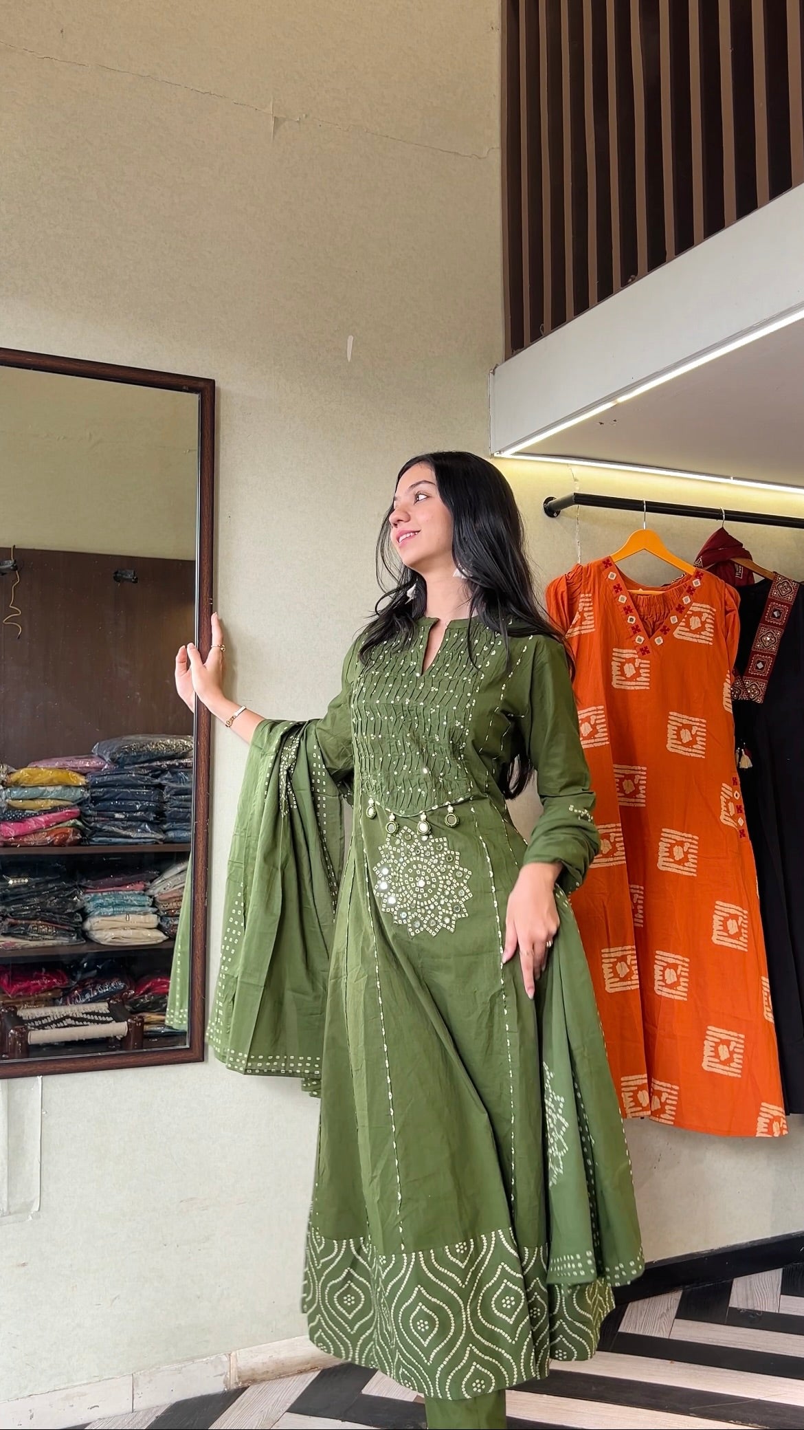 Image of Pure Mull Cotton Bandhani 3 Piece Anarkali Set