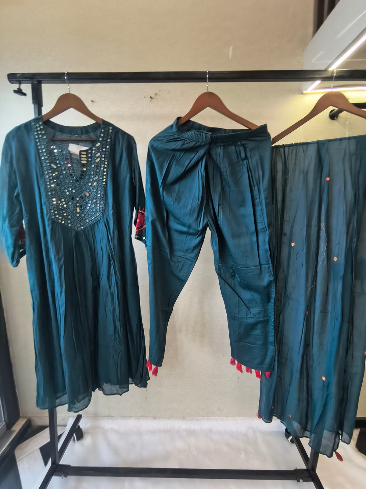 Teal Blue Mirror Work Embroidered Kurta Set with Dupatta | Premium 3 Piece Ethnic Suit