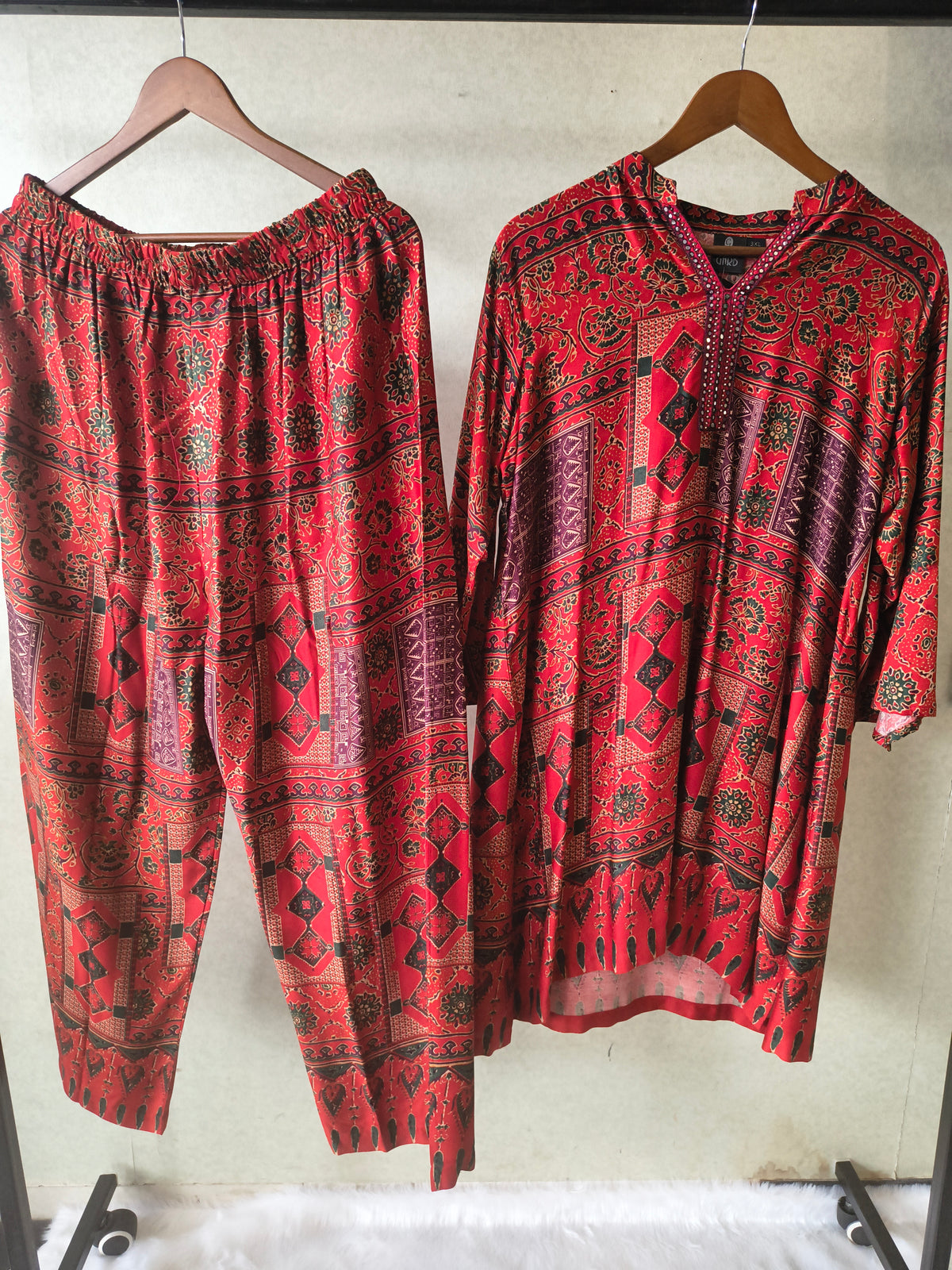 Premium Rust Red Tribal Print Co-Ord Kurta Set with Straight Pants