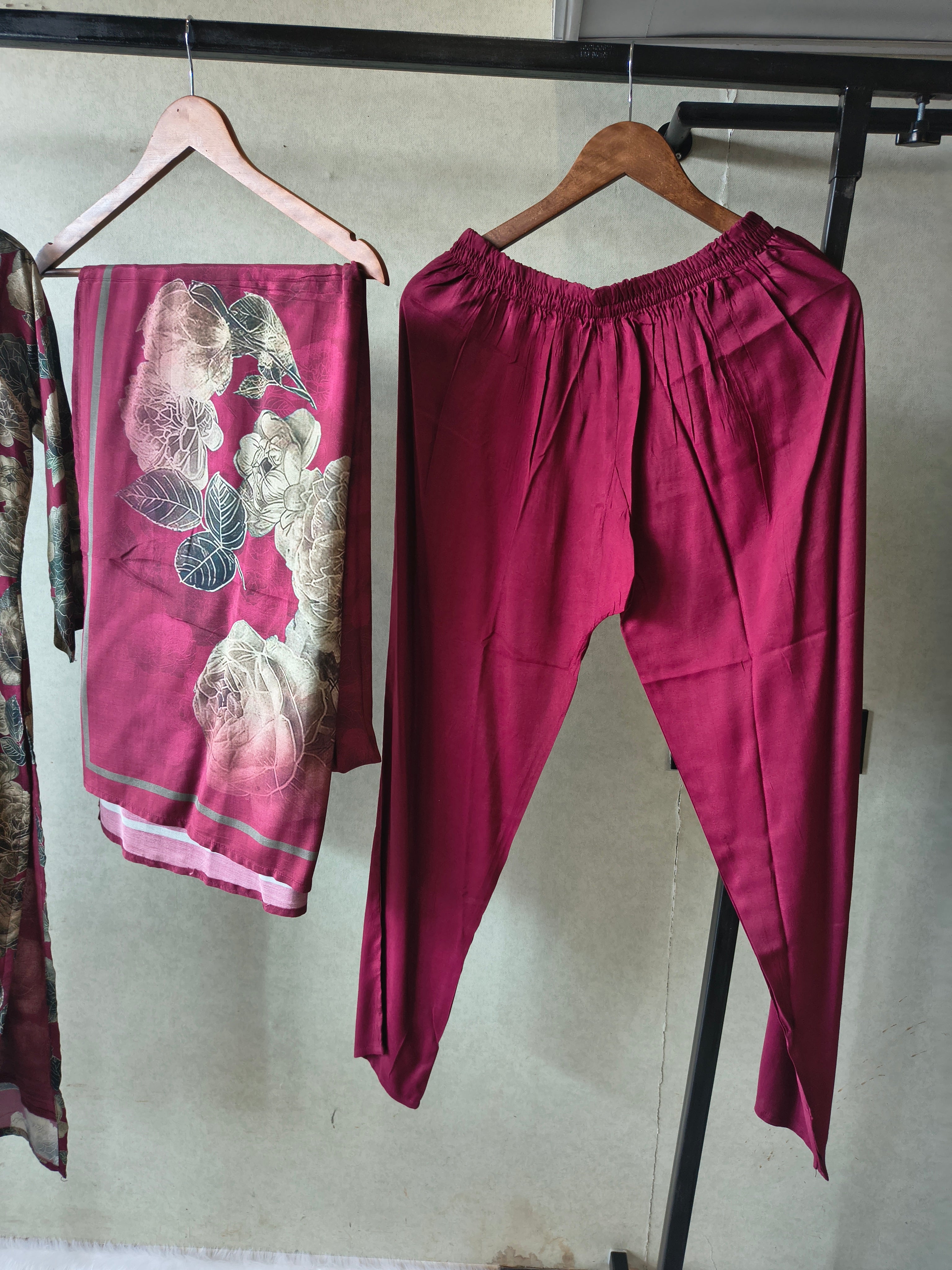 Image of Premium Wine Floral Printed Kurta Set with Solid Pants & Printed Dupatta