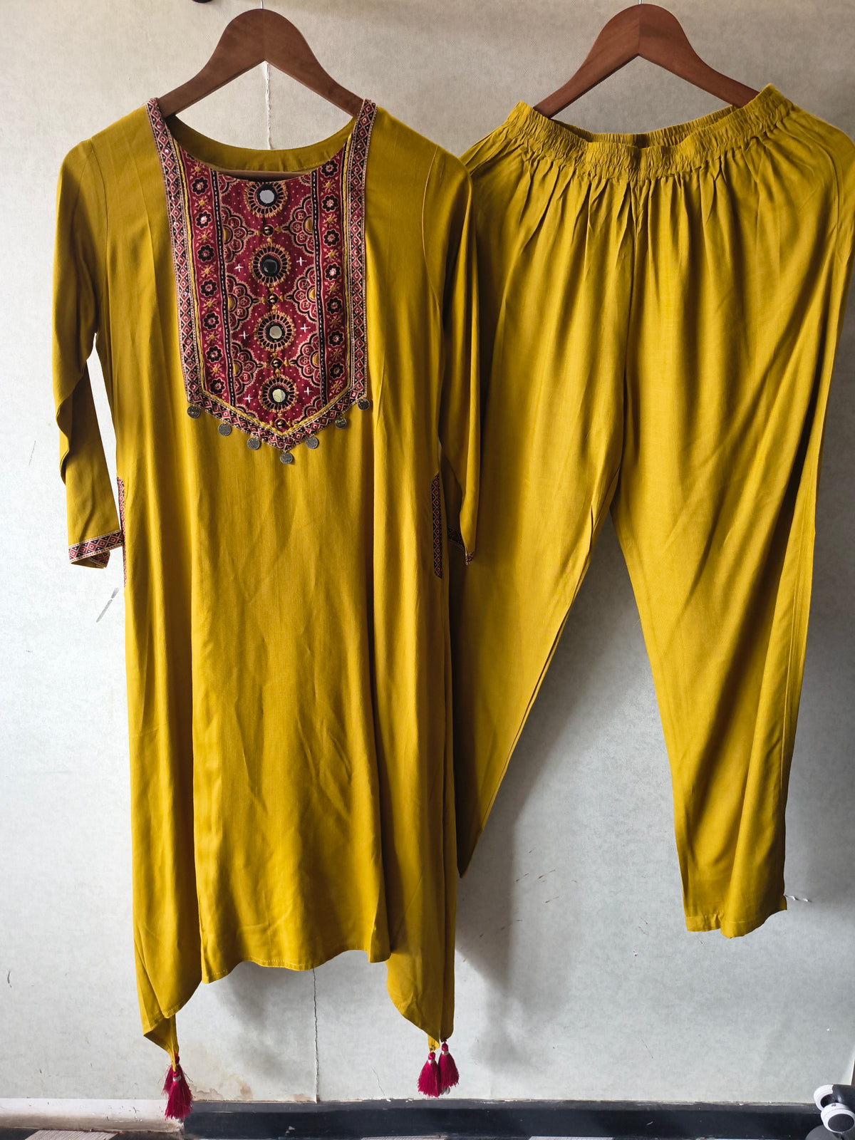Premium Mustard Ethnic Printed Yoke Kurta Pant Co-Ord Set with Tassel Hem