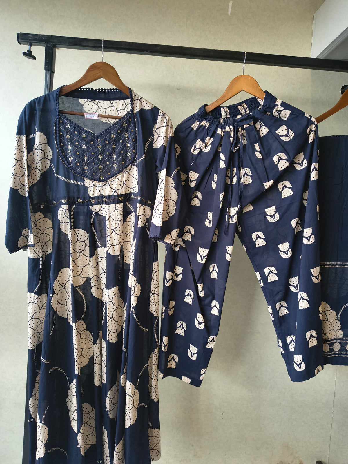 Premium Navy Blue Handblock Printed Cotton Anarkali Suit Set with Printed Pants & Dupatta